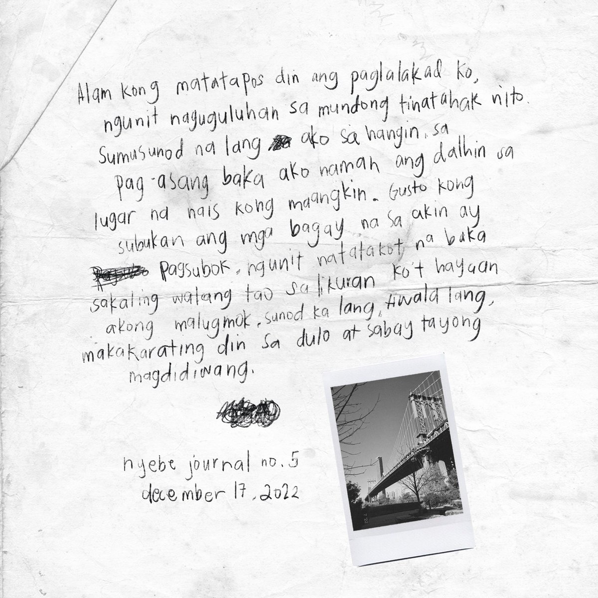 SB19Official's tweet photo. Nyebe Journal Entry #5 
Tuloy lang.
 
🎥 Official Visualizer: https://t.co/C2HXIUS2lC  
💿 Listen on streaming platforms: https://t.co/C3Zwsmevuj  
🎟️ Catch Nyebe and more songs at the homecoming. Livestreaming tickets available here: https://t.co/hwOaM4ZhTQ  
  
#SB19 #SB19Nyebe https://t.co/rHmMiAD39G