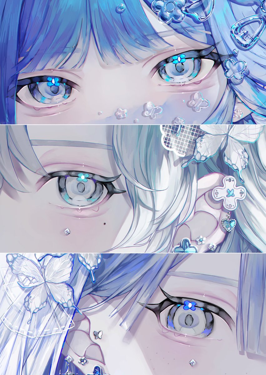 butterfly bug blue eyes looking at viewer blue hair eye focus bangs  illustration images