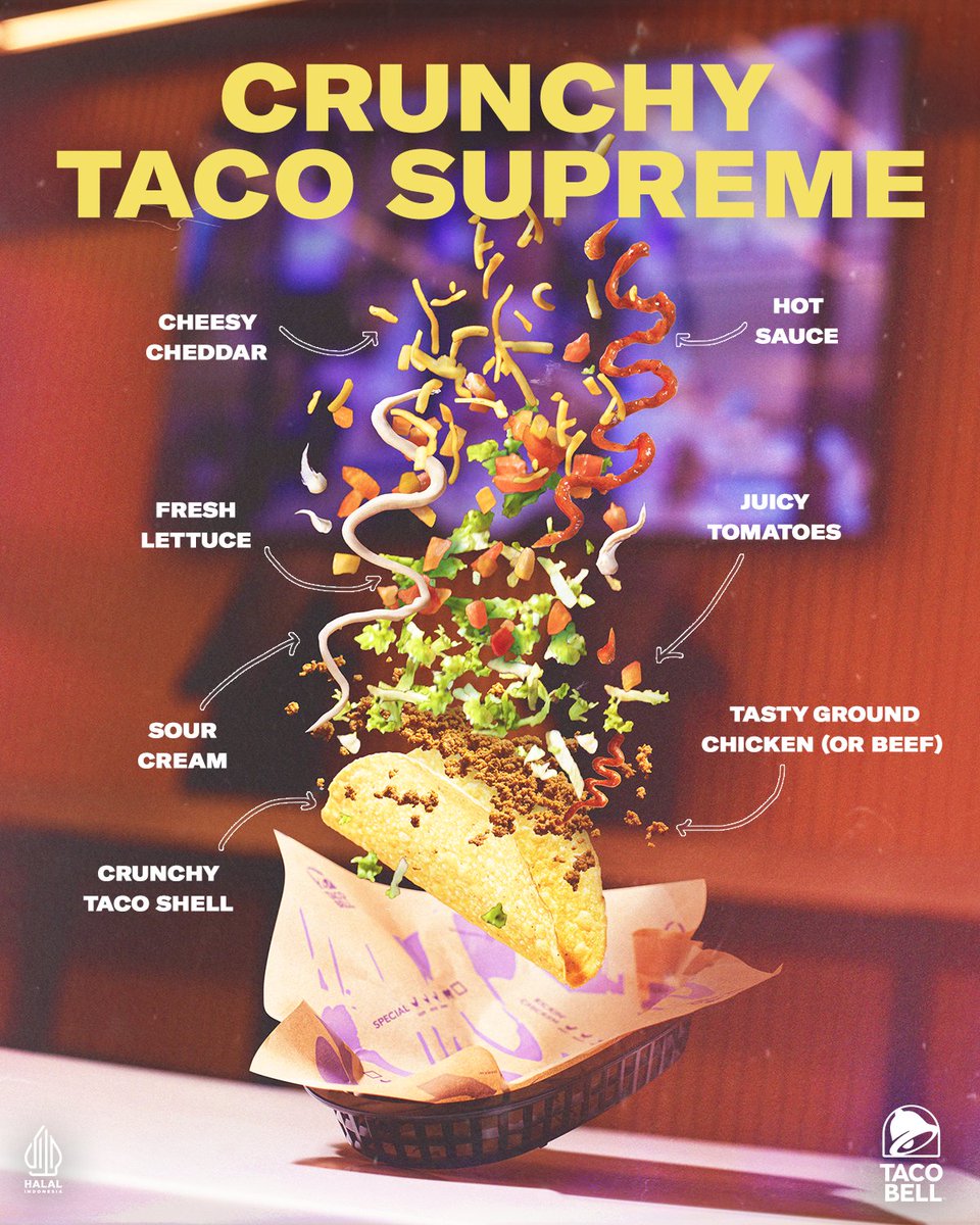 Festive di mata, party di mulut 💥

Wajib coba buat yang baru pertama kali ke Taco Bell nih, Taco Supreme yang udah lengkap banget isinya *chef's kiss* 🤌🏻

#WaktunyaTacoBell #TacoBellIndonesia