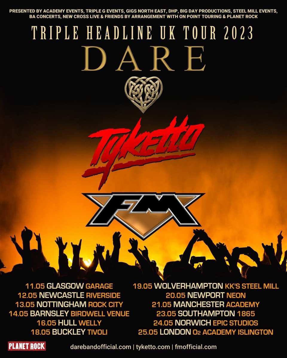 How’s this for a triple headline bill?! 🙌 @OfficialTyketto, @FMofficial and @daretheband will be playing venues across the UK in May next year! Tickets available from @PlanetRockRadio’s presale now: planetrock.gigantic.com/tyketto-tickets