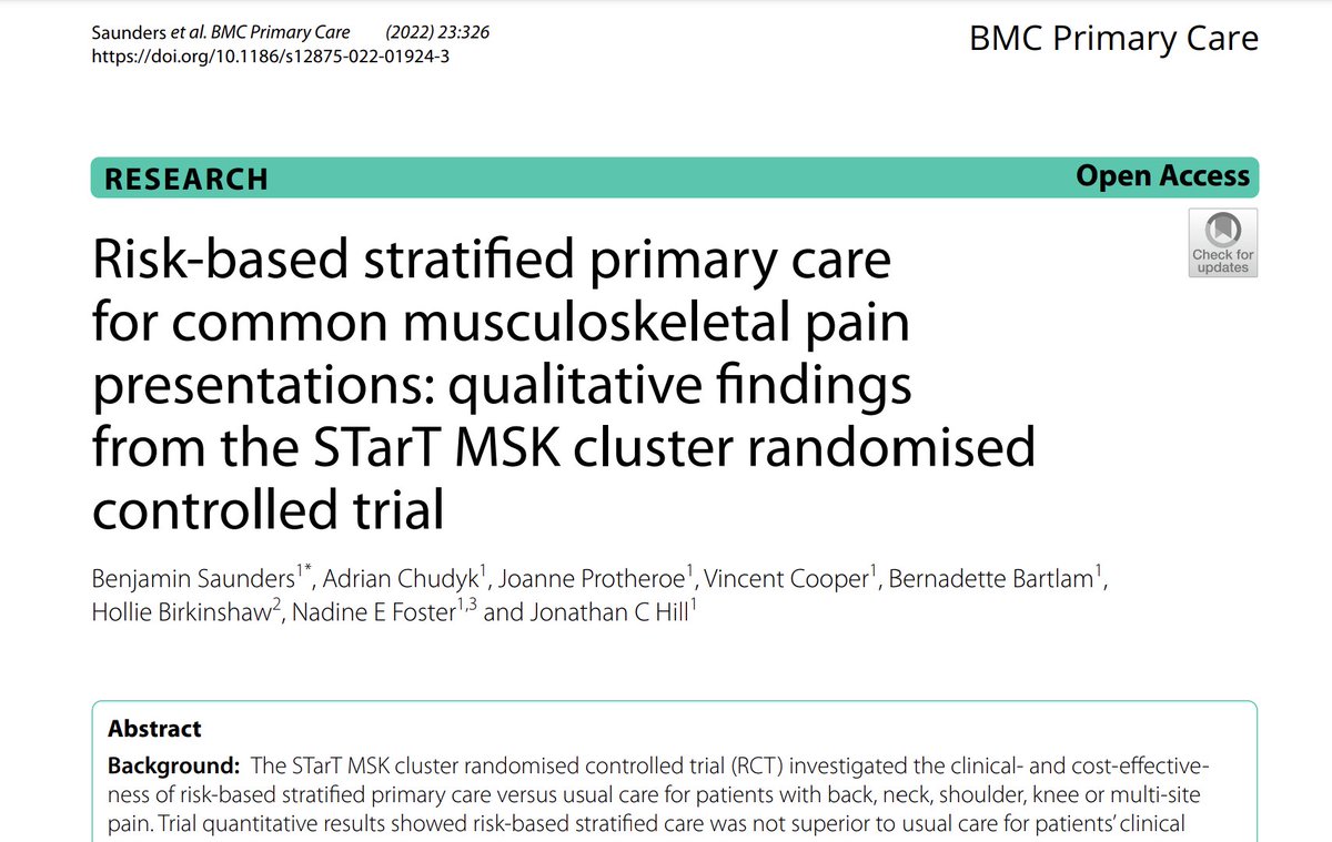 📢 Great to see this published- our qualitative study as part of the STarT MSK RCT, on #patients' & #GPs' experiences of stratified #primarycare for common #MSK conditions @DrJonathanHill @bbartlam @h_birkinshaw @joprotheroe bmcprimcare.biomedcentral.com/articles/10.11…