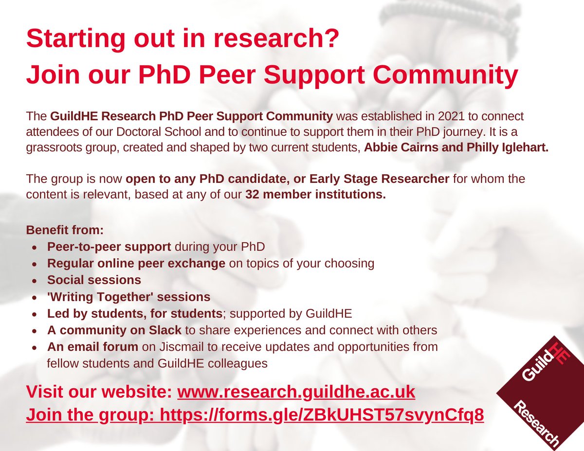 📢 Opportunity to join a community of PGRS at smaller and specialist universities 📢

<a href="/GuildHEResearch/">GuildHE Research</a> are proud to announce our PhD Peer Support Community for researchers at our member institutions. Interested? See the flyer for more information 👇

#PhDchat #PGRS
