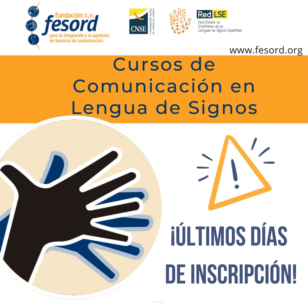 Fesord's tweet photo. 🟦 El 🗓 20 de diciembre a las ⏰ 14:00 horas acaba el plazo de inscripción para los cursos de Lengua de Signos para #Alicante y #Valencia que empezarán el próximo mes de enero. 

‼ Nivel A1 online completo para el resto aún quedan plazas. 
INSCRIPCIÓN ▶ https://t.co/rZHNIzM5dz https://t.co/ja6P5UVhuE