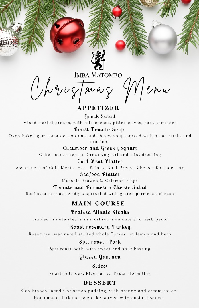 Join Imba Matombo  and Samson restaurant celebrating Christmas lunch - a complimentary glass of bubbly a delicious traditional christmas lunch with all the trimmings accompanied by live music.