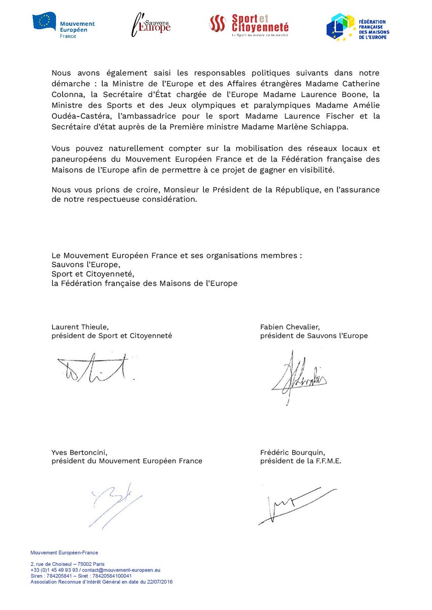 📣 Nous avons interpellé le Président de la République <a href="/EmmanuelMacron/">Emmanuel Macron</a> - pour que nos symboles européens aient leur place aux prochains Jeux Olympiques et Paralympiques de 2024 !  thread (1/4) #EuropeOlympique #JOP2024 #Paris2024