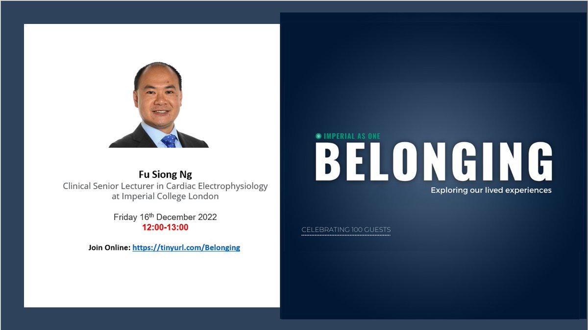 Imperial As One (@imperialasone) on Twitter photo Today in #Belonging we will be in conversation with <a href="/DrFuSiongNg/">Fu Siong Ng</a>, Clinical Senior Lecturer <a href="/ImperialNHLI/">NHLI</a> and Consultant Cardiologist <a href="/ChelwestFT/">Chelsea and Westminster Hospital</a>, live at (earlier than usual time) 12:00 pm.
Join us! Follow the link: imperial-ac-uk.zoom.us/j/97621983750?… Today in #Belonging we will be in conversation with <a href="/DrFuSiongNg/">Fu Siong Ng</a>, Clinical Senior Lecturer <a href="/ImperialNHLI/">NHLI</a> and Consultant Cardiologist <a href="/ChelwestFT/">Chelsea and Westminster Hospital</a>, live at (earlier than usual time) 12:00 pm.
Join us! Follow the link: imperial-ac-uk.zoom.us/j/97621983750?…