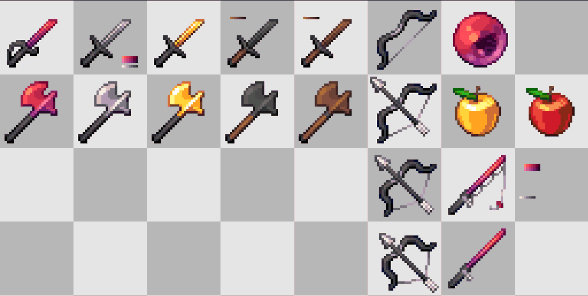 I decided to continue making that dragonfruit revamp from ages ago (new stuff is bow anim, pearl, rod, arrow. The apple and axe is slightly edited from last time)
#pixelart #minecraft #texturepack <a href="/packretweeter/">Texture Packs</a>