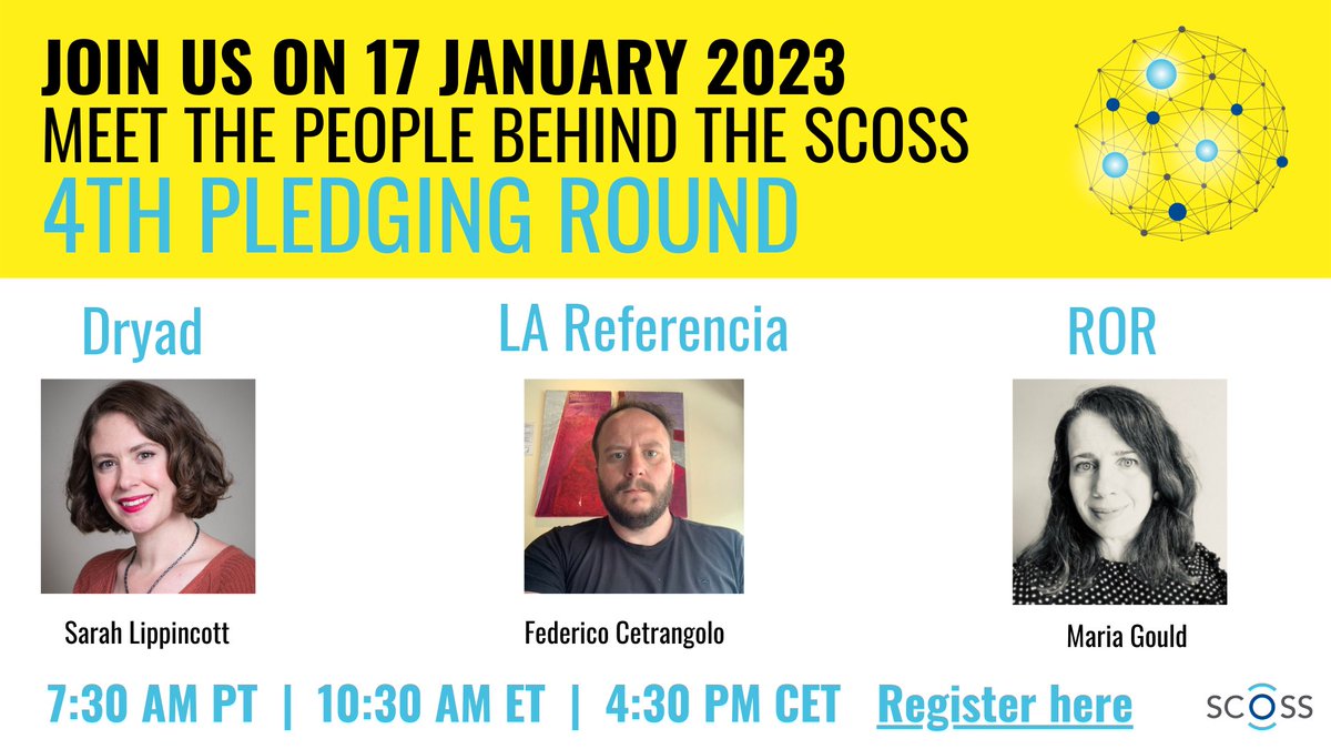 scossfunding's tweet photo. Meet Sarah @datadryad, Federico @LAReferenciaAA and Maria @ResearchOrgs the 17 January at 4:30 CET to discover their infrastructure and how to support them.

➡️Register here: https://t.co/LHeJsq1fMh

Event co-organized by @ARLnews @carlabrc @CRKN_RCDR and @scossfunding https://t.co/JYEFnN050H