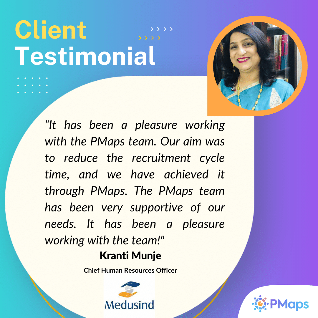 PMapsAssessment's tweet photo. We are pleased to announce our association with Kranti Munje - Medusind's Chief Human Resources Officer and take their views & experiences to PMaps. Thank you for your kind words.
#pmaps #india
#psychometricassessment
#hiring #recruitment
#testimonial https://t.co/EsLOhoSwqL