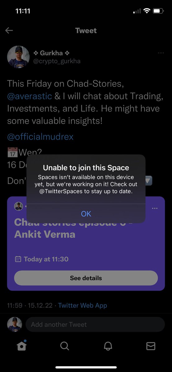Hi guys,

This weeks episode with <a href="/averastic/">A|V</a> <a href="/officialmudrex/">Mudrex</a> will be rescheduled!

It seems like twitter is glitching, I can not access any Space!

#twitterspaces