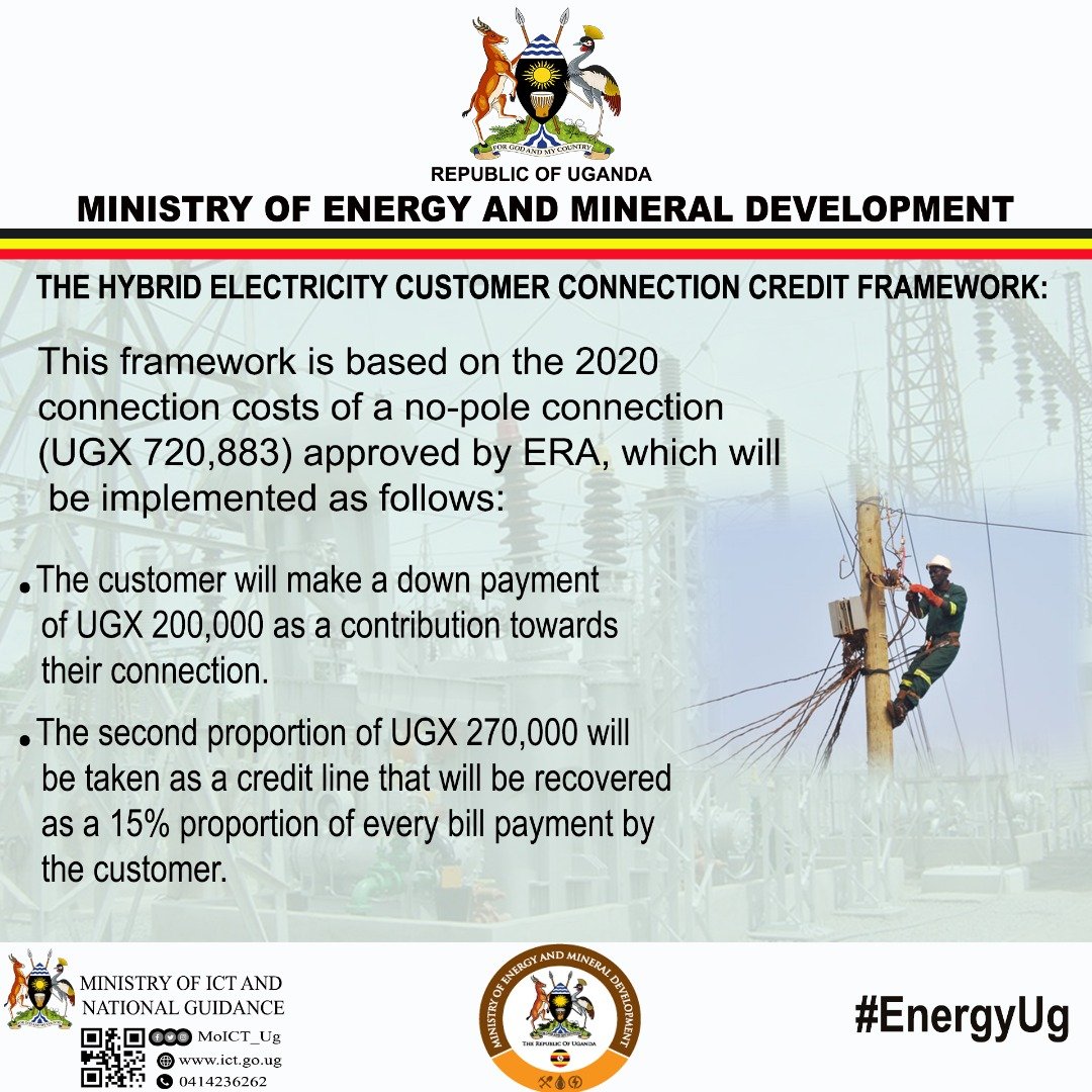 In August 2020, Cabinet approved a hybrid connections program to allow consumers who can afford the full electricity connection cost to get connected while @GovUganda mobilizes resources to fund free connections.
#EnergyUg #MoICTUg
