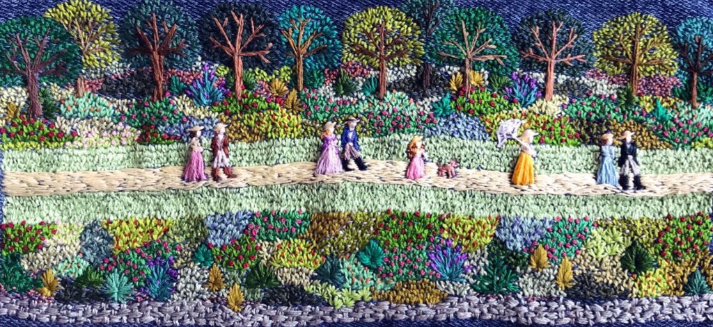 Happy birthday Jane Austen! 🥳 Here’s my embroidery called The Walking Party that was inspired by reading her books… The tiny figures are no more than 15mm tall!🧵📚🔍#stitchedart #literature #inspired #thesewingsongbird