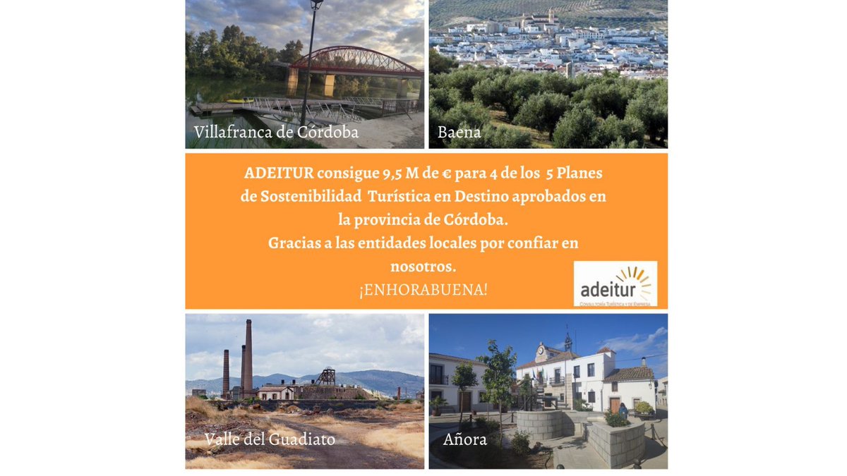 adeitur's tweet image. ¡Es una enorme satisfacción para #Adeitur haber contado con la confianza de las entidades locales para la elaboración de 4 de los 5 planes aprobados para la provincia de #Cordoba, por un importe de 9,5M €!.
@baena_es @AytoVillafranca @GuadiatoTurismo @anoradirecto