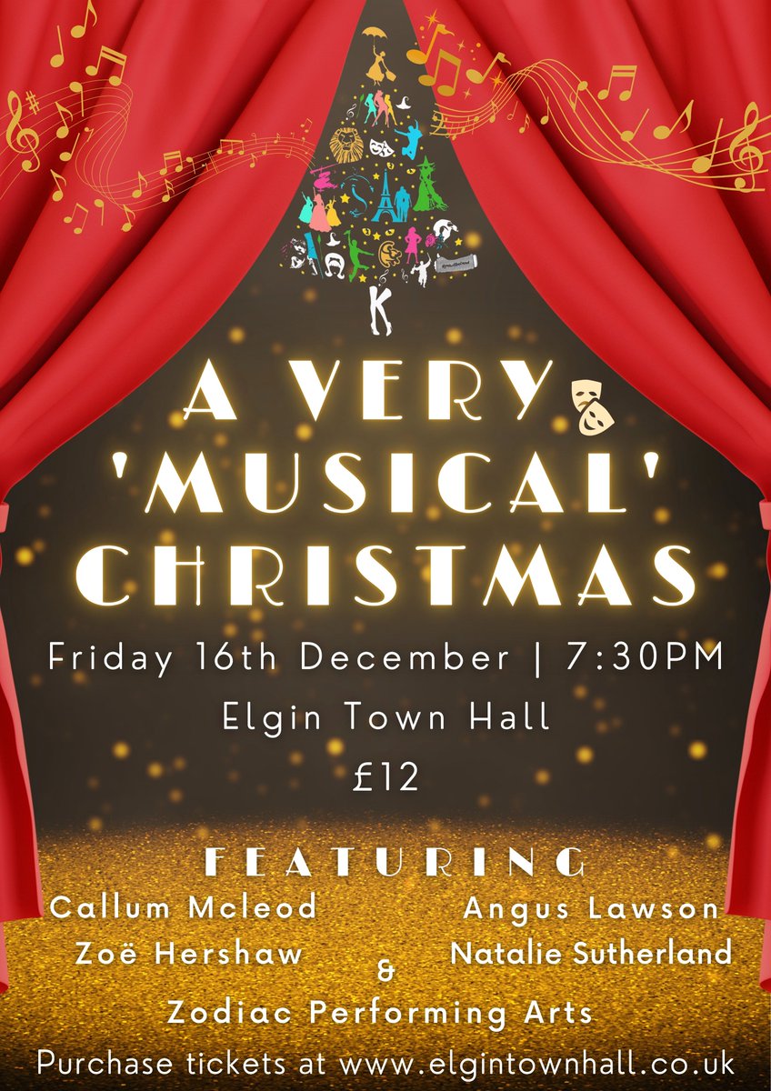 TONIGHT AT Elgin Town Hall WE HAVE :
A Very Musical Christmas Concert! 🎅🤶☃️❄️
join us for an evening of Musical Theatre &amp; Festive live music performed by professional local singers &amp; musicians, joined by dancers from Zodiac Performing Arts.
🎟elgintownhall.co.uk/events/a-very-…🎟