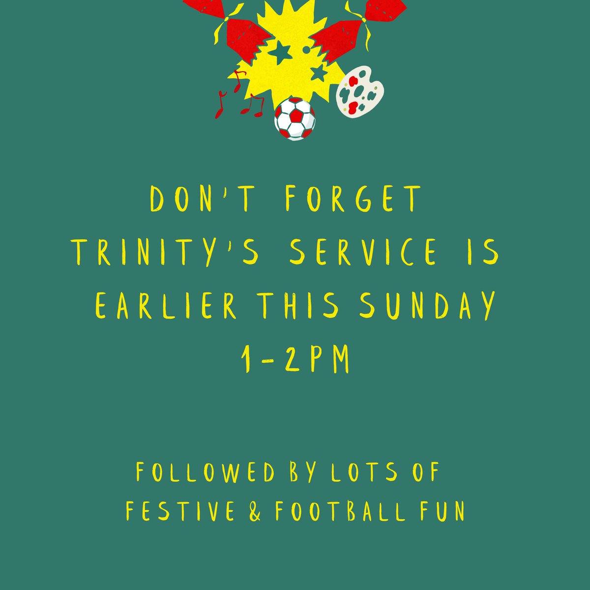 Trinityislingtn's tweet photo. We've got an earlier service this week as part of a festive and football based afternoon. There'll be some pre-service Turkey or Brie rolls from 12.30pm. Our informal carol service will begin at 1pm, followed by crafts and watching the football. Don't miss it! https://t.co/jfN7eQ2J0w
