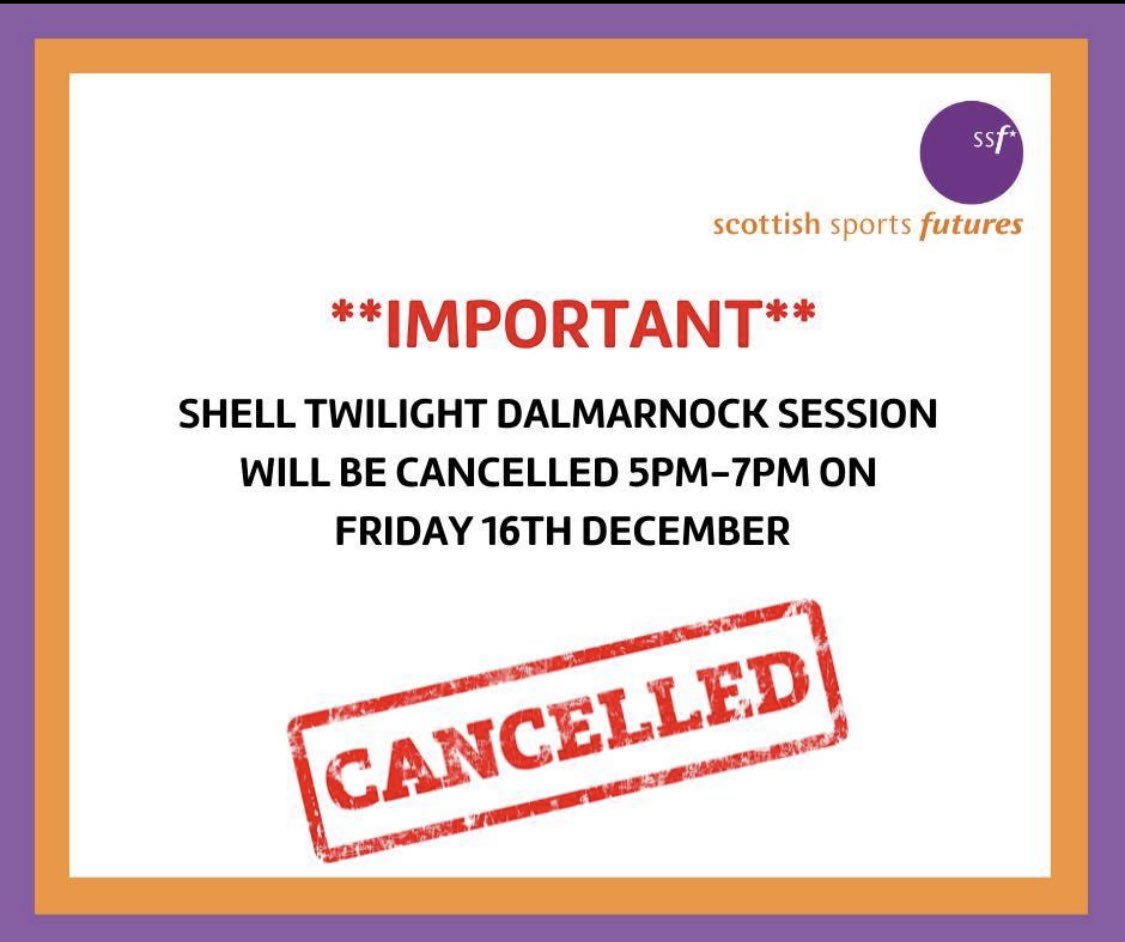 ***IMPORTANT***

Our Shell Twilight Multi-sport session in DALMARNOCK, Emirates Arena, Glasgow on Friday the 16th December is cancelled. 

We will return back as usual on Monday 19th for the final session of the year!!🏀⚽️🏈

Please share this with your young people!

<a href="/Connor_SSF/">Connor Davidson</a>