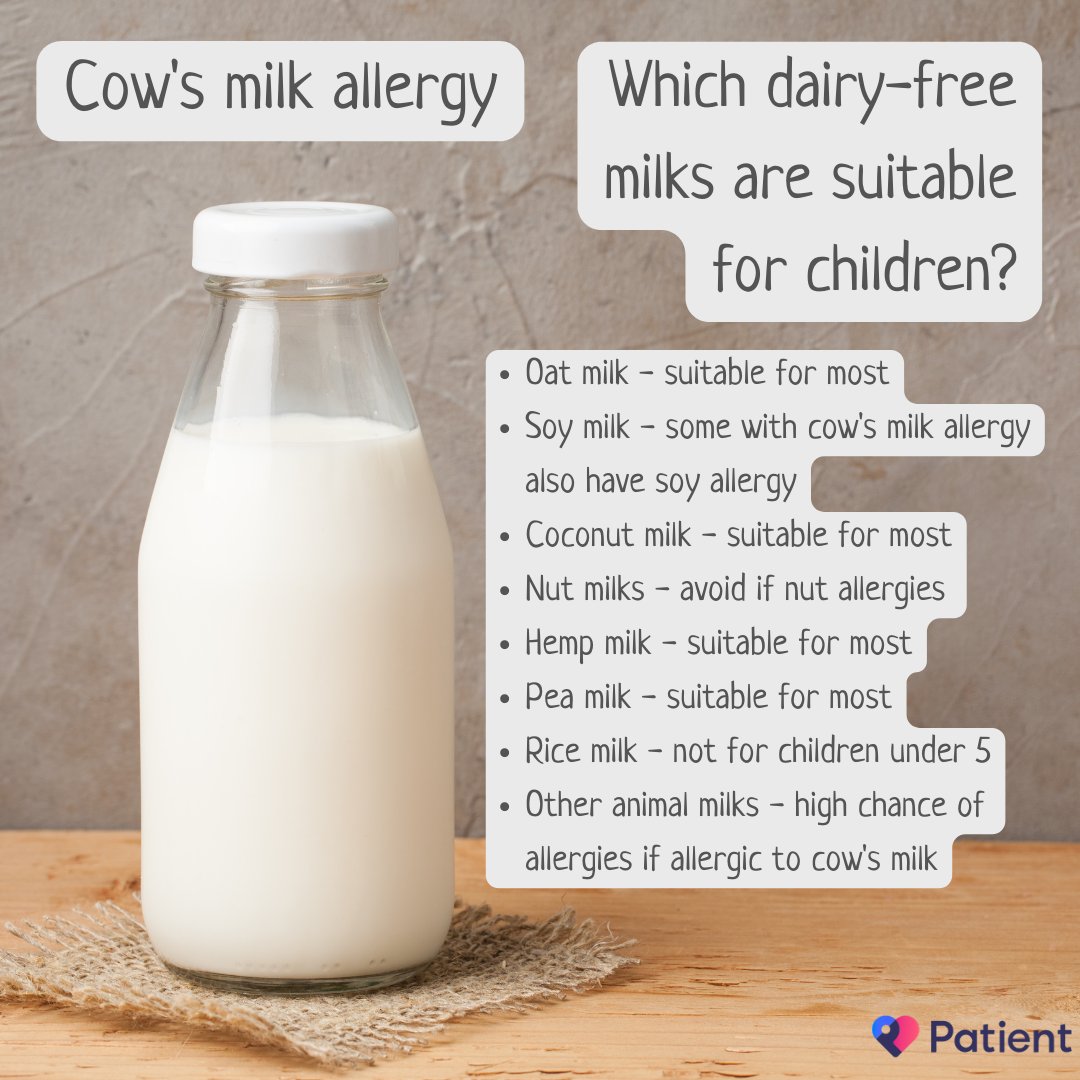 patient's tweet image. If your child has cow's milk allergy, it can be difficult to know which dairy-free alternatives are best. We look at the benefits, limitations, and nutritional value of each option here: bit.ly/3BHXPd7

#CowsMilkAllergy #CowsMilkProteinAllergy