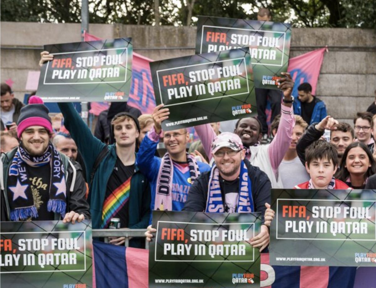 PlayfairQatar's tweet photo. Good to see continued solidarity from Dulwich Hamlet, who've got a good track record of supporting migrant workers in Qatar (here they are back in 2016) #WithMigrantWorkers https://t.co/ImS5DIUnYZ