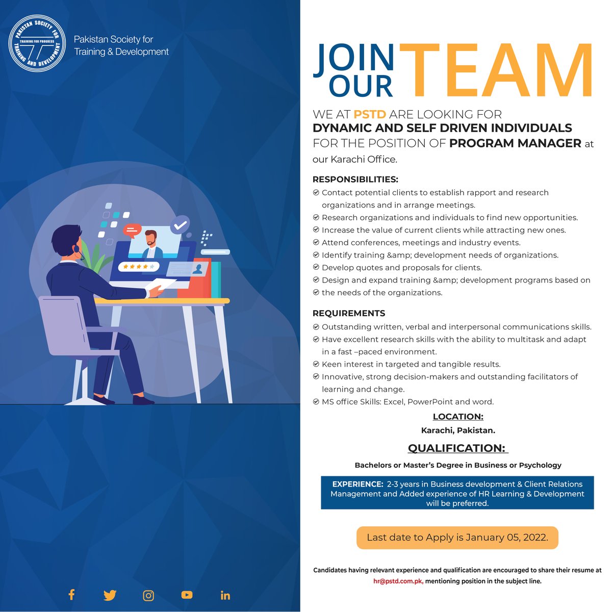 SocialPstd's tweet photo. Join Our Team!

We at PSTD are looking for Dynamic and Self-Driven Individuals for the position of Program Manager at our Karachi Office.

Send your CV at: hr@pstd.com.pk

#pstd #joinourteam #applyingforajob #programmanager #selfdriven #pakistansocietyfortraininganddevelopment https://t.co/ORAkTIW3wU