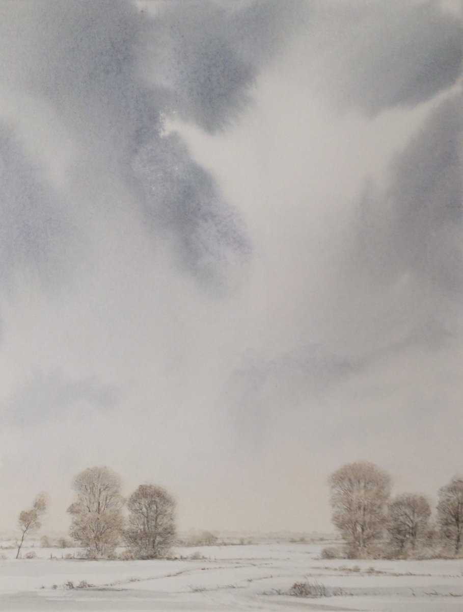 DfsStubbs's tweet photo. #hoare #frost and lying #snow on #Cambridge #WestFields #landscape #painting in #watercolour A3 https://t.co/C9aaYspTxt