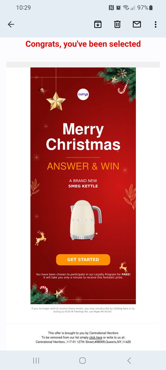 Hey <a href="/currys/">Currys</a> 
Thanks for the offer to get a free Smeg kettle. 
Shame it's not legit, a new kettle would have been decent. 
You are being used for Phishing scams again, I'm afraid. 
#phishing #ScamAlert