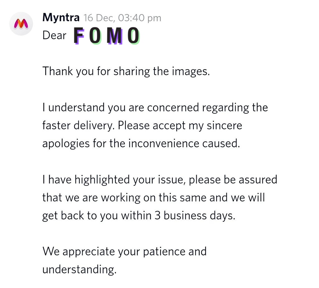 ABJAnupam's tweet photo. End of Reason to continue with The Misleading Myntra App @myntra
@myntra_engg @MFIbyMyntra @MyntraFS
Request you to review/ revise your App and processes. 
Your customers are paying for products against your "Express Delivery" and not feedback from your support team after 3 days. https://t.co/fI0fHnmcfD
