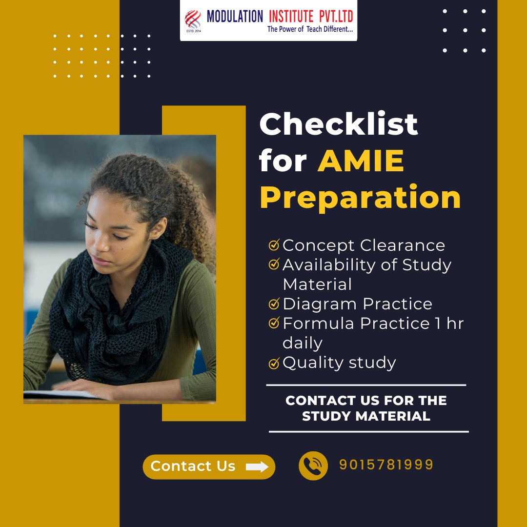 modulationamie's tweet photo. Checklist for AMIE Preparation

✅ Concept Clearance
✅ Availability of Study Material
✅ Diagram Practice
✅ Formula Practice
✅ 1 hr daily quality study https://t.co/HqIHiqapmD