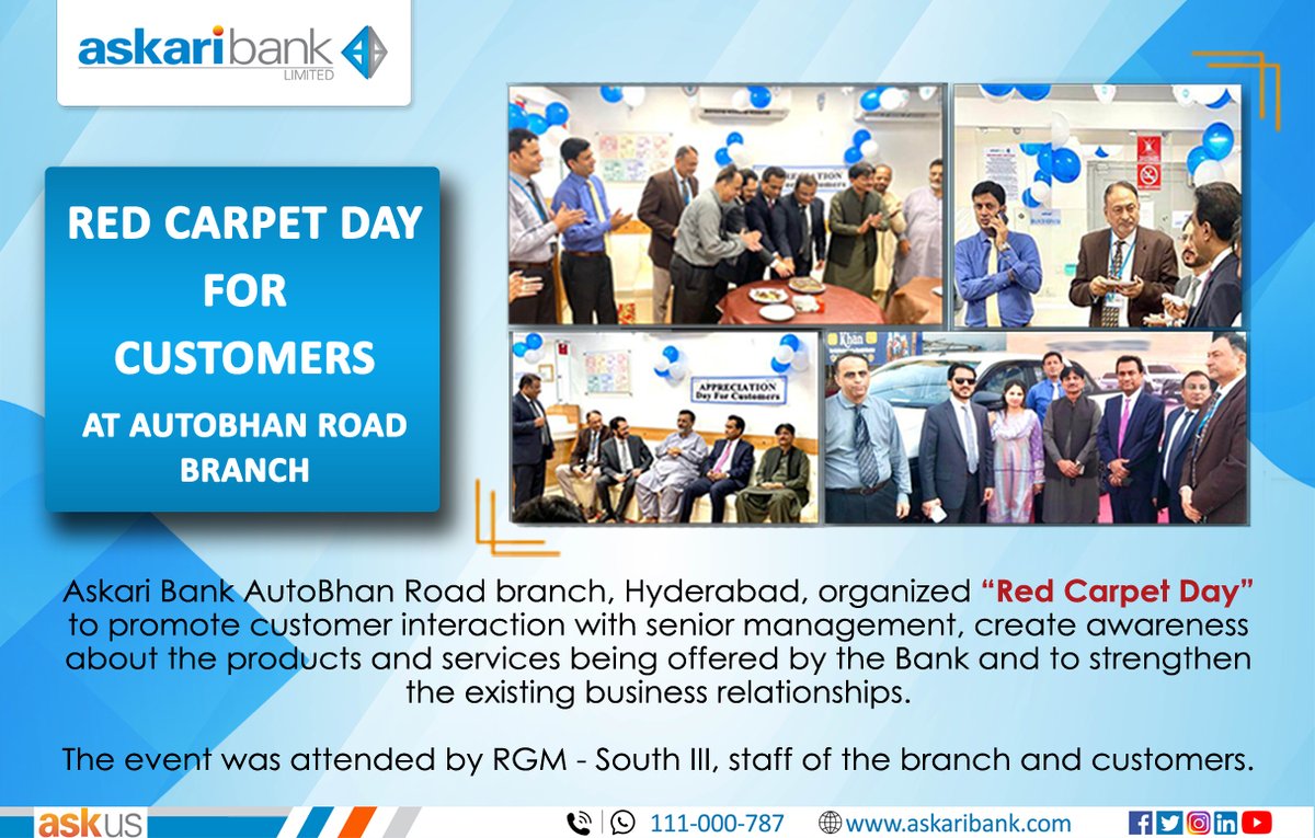 Askari_Bank's tweet photo. Red Carpet Day for Customers at AutoBhan Road Branch, Hyderabad
#AskariBank #RedCarpet #Banking #AutoBhan #Hyderabad #BranchNetwork #Business https://t.co/yHy6uVHP3g