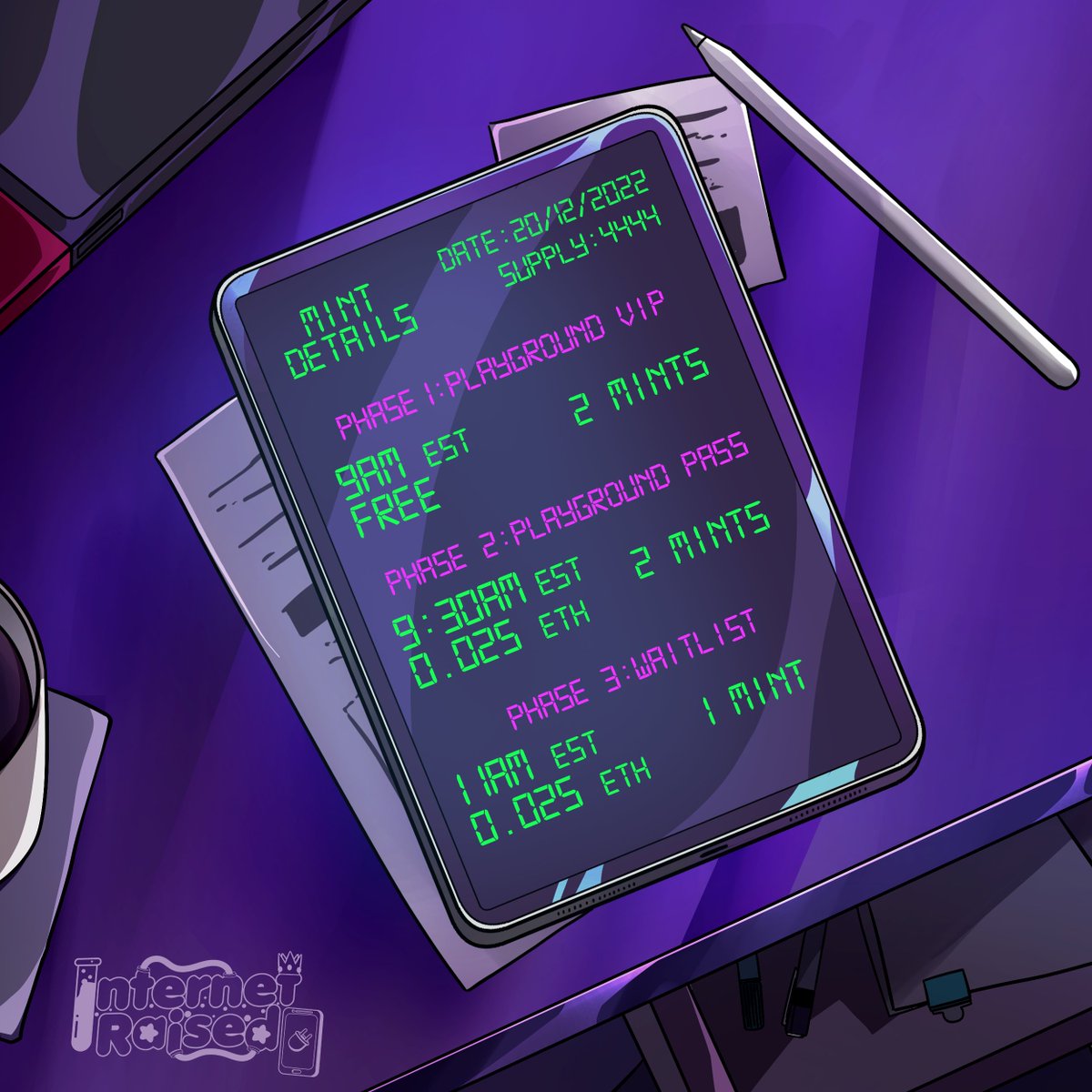 internetraisxd's tweet image. MINT ANNOUNCEMENT

Mint Date: Dec 20th, 2022
Supply: 4,444
Mint Price: OG Free, WL 0.025 ETH

See you soon, Degens 🧪
discord.gg/internetraised