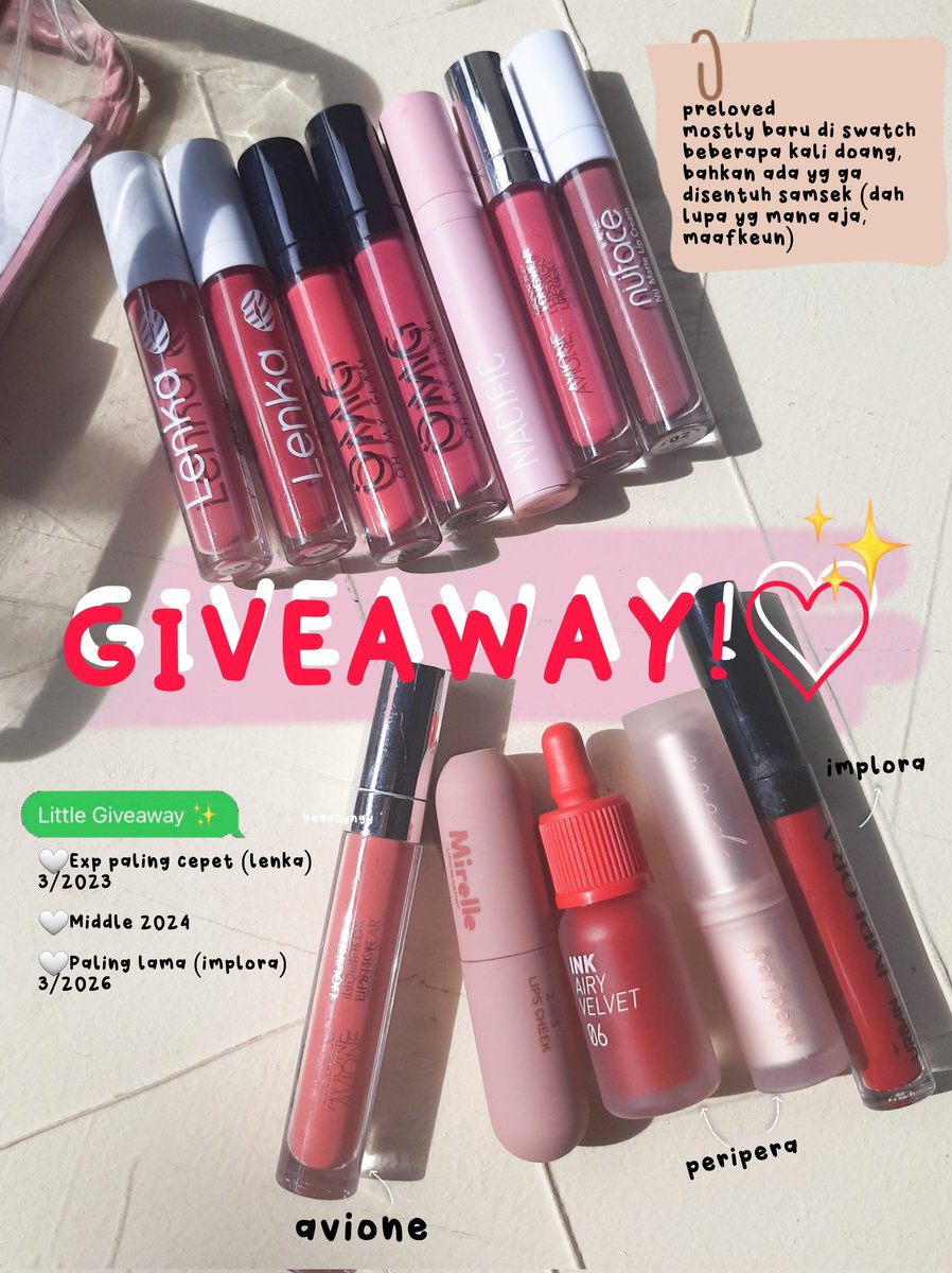 dairypinkid's tweet photo. DICARI 1 ORANG YANG MAU ADOPSI 12 LIPPEN INI !!

Rules
1. Follow @beautyngy
2. RT + ❤️ tweet ini
3. RT + ❤️ thread di reply
4. Rep alasan kalian knpa harus mengadopsi semua lippen2 ini (yakinkan aq yh👀)

Close 20dec😘
#GiveawayAlert #zonauang #zonajajan #zonabu #giveawayindo https://t.co/SF0vM2rCt0