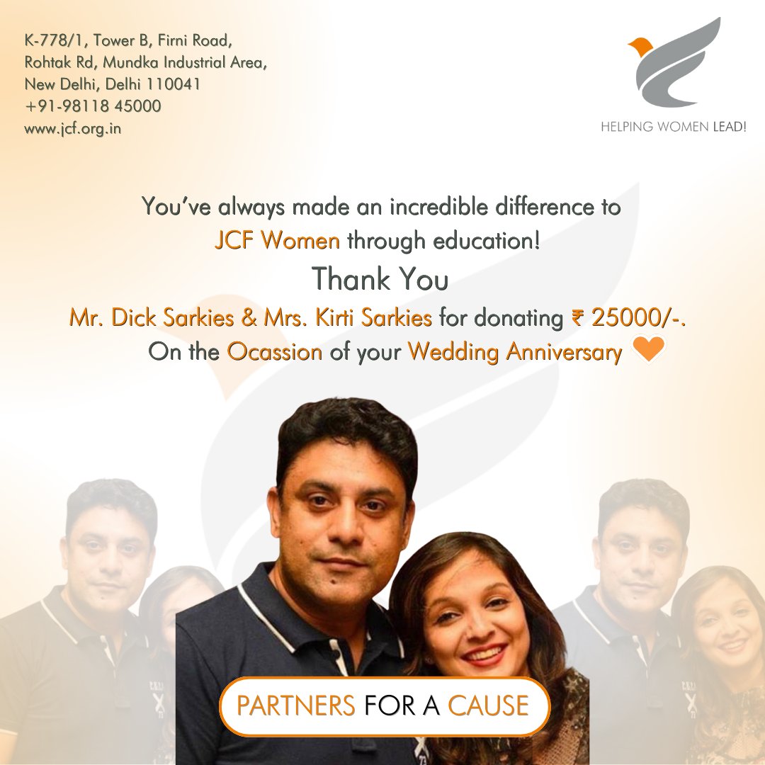 Thank you Mr. Dick Sarkies & Mrs.Kirti Sarkies for donating ₹ 25000/- on the occasion of your Wedding Anniversary.
We hope to keep you with us in the future! 💛
#joveconsciousfoundation #womenhealth #thankyoudonors #delhidaily #donors #donationsappreciated #charity