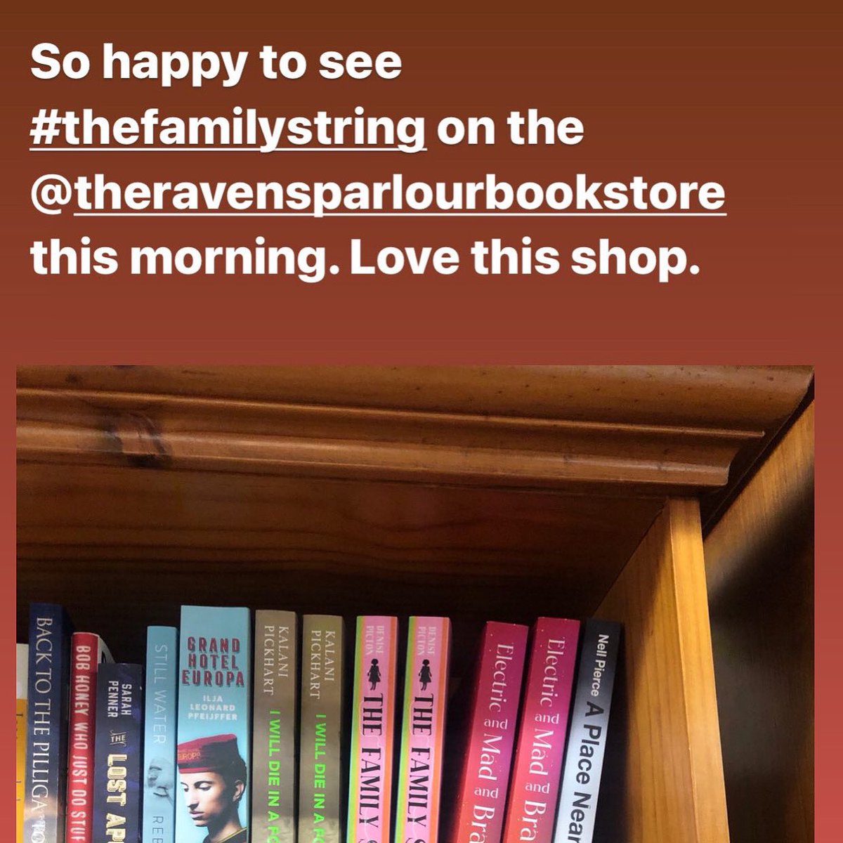 Denisepicton's tweet photo. Thank you to the excellent Ravens Parlour bookshop in Tanunda for finding space on your shelves for #thefamilystring https://t.co/J2xa0frJQt