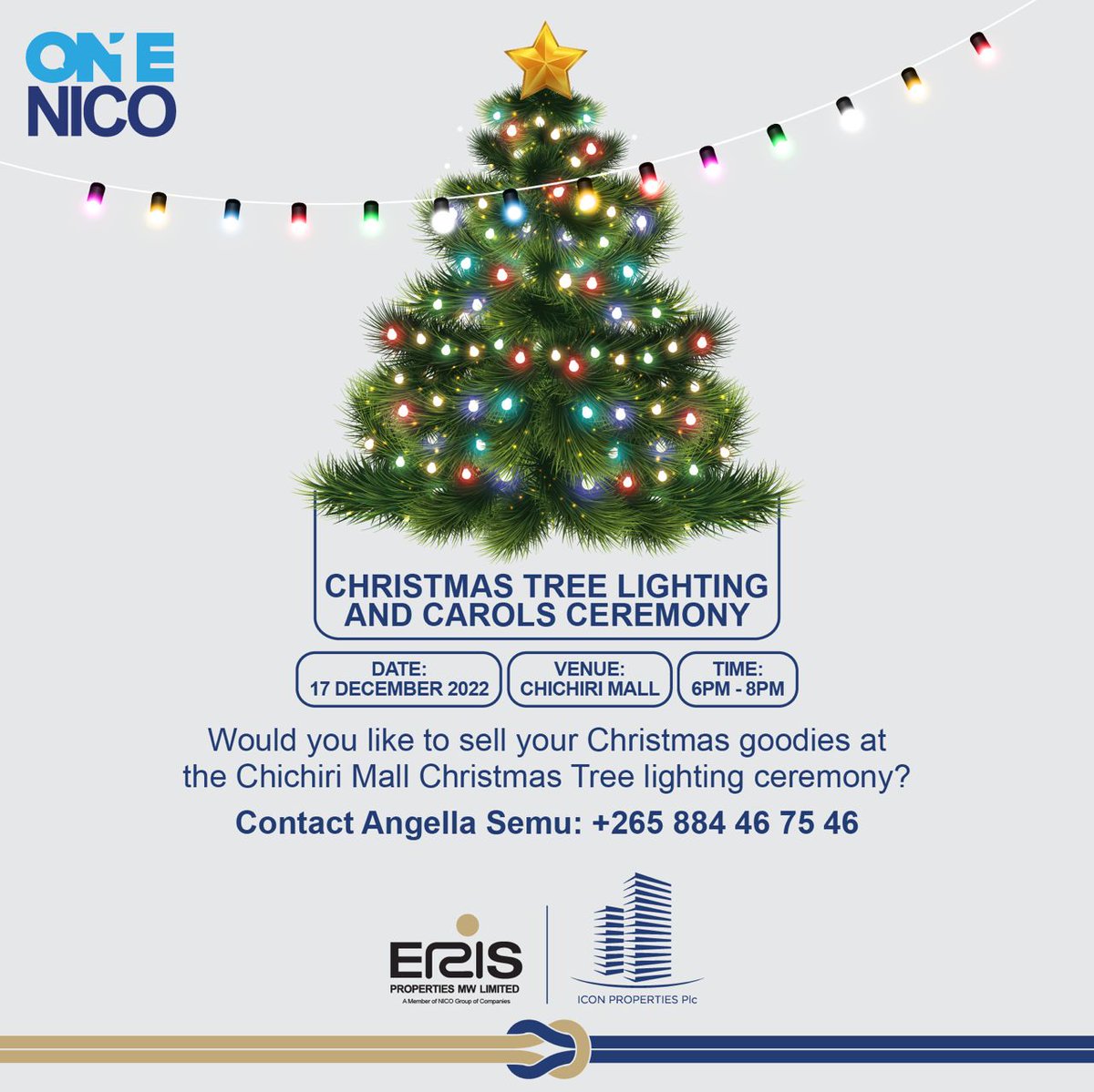 NICOGroupMalawi's tweet photo. Tell a friend, to tell a friend!
You can sell Christmas goodies at the Christmas tree lighting and carols ceremony!
#ERISProperties #ICONProperties #ChristmasTreeLighting #ChristmasCarols https://t.co/QWKj9x1ckG