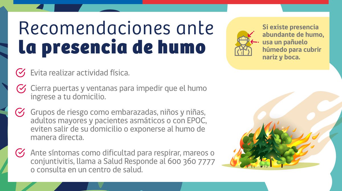 Senapred's tweet photo. #YoMePreparo El humo de #IncendiosForestales es mezcla de gases y partículas de árboles y materiales que puede dañar ojos, irritar el sistema respiratorio y empeorar condición de salud de personas con problemas cardíacos, pulmonares y respiratorios. Sigue estas recomendaciones.👇🏻 https://t.co/cEoiHlpGMB