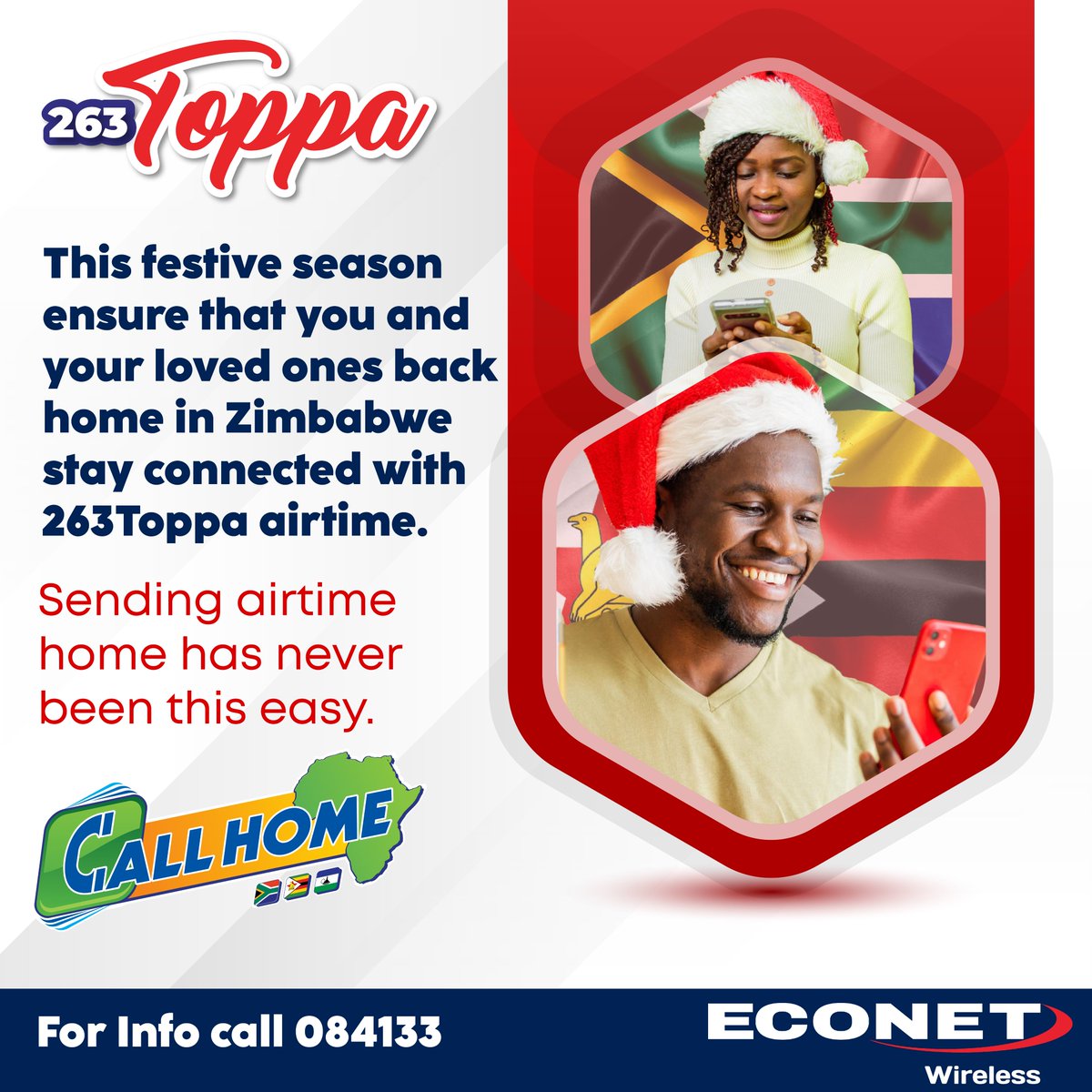 EconetCallHome's tweet photo. ECONET NEWSFLASH: This festive season make sure you and your loved ones on the ECONET network back home in Zimbabwe stay connected with 263Toppa airtime.
Econet airtime is available from all Shoprite, Checkers, USave stores across South South Africa. https://t.co/dvuk17Nhil