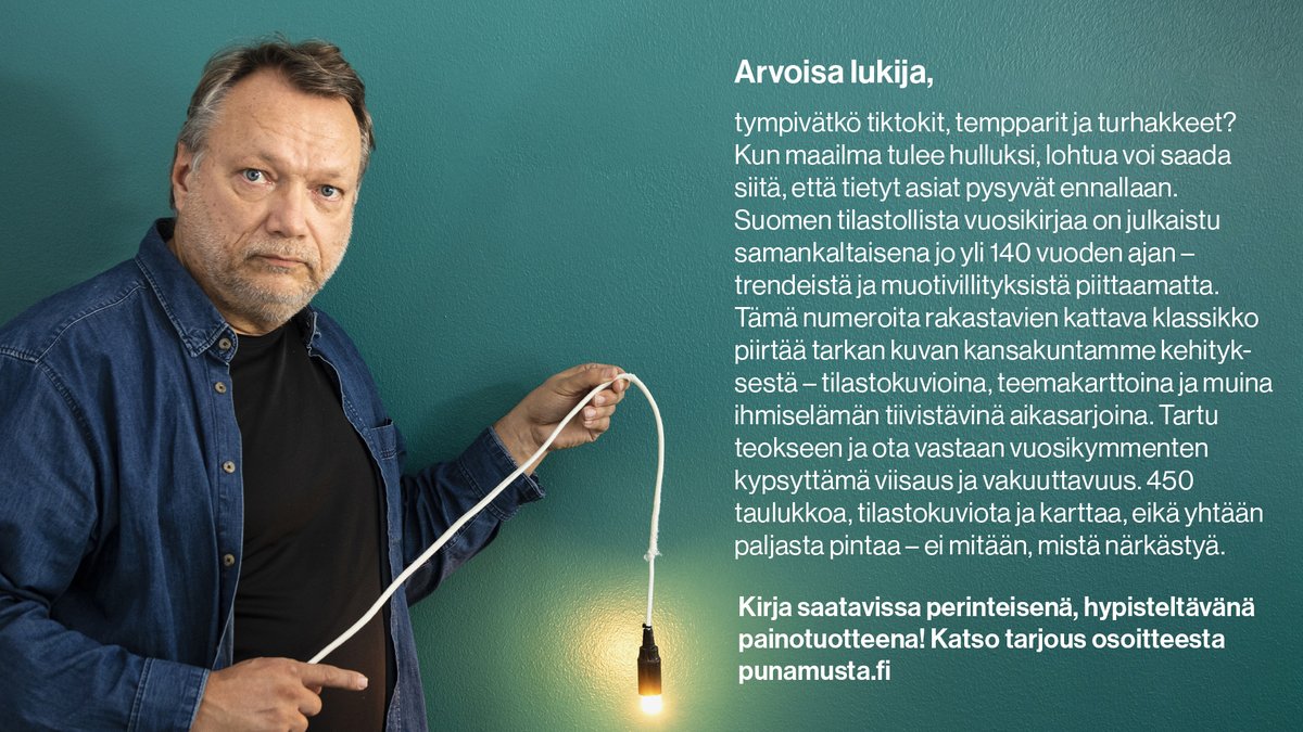 Kun maailma tulee hulluksi, lohtua voi saada siitä, että tietyt asiat pysyvät ennallaan! Suomen tilastolista vuosikirjaa on julkaistu jo yli 140 vuoden ajan – muotivillityksistä piittaamatta. Tilaa teos ja ota vastaan vuosikymmenten kypsyttämä viisaus: tilastokeskus.omapumu.com/product/vuosik…