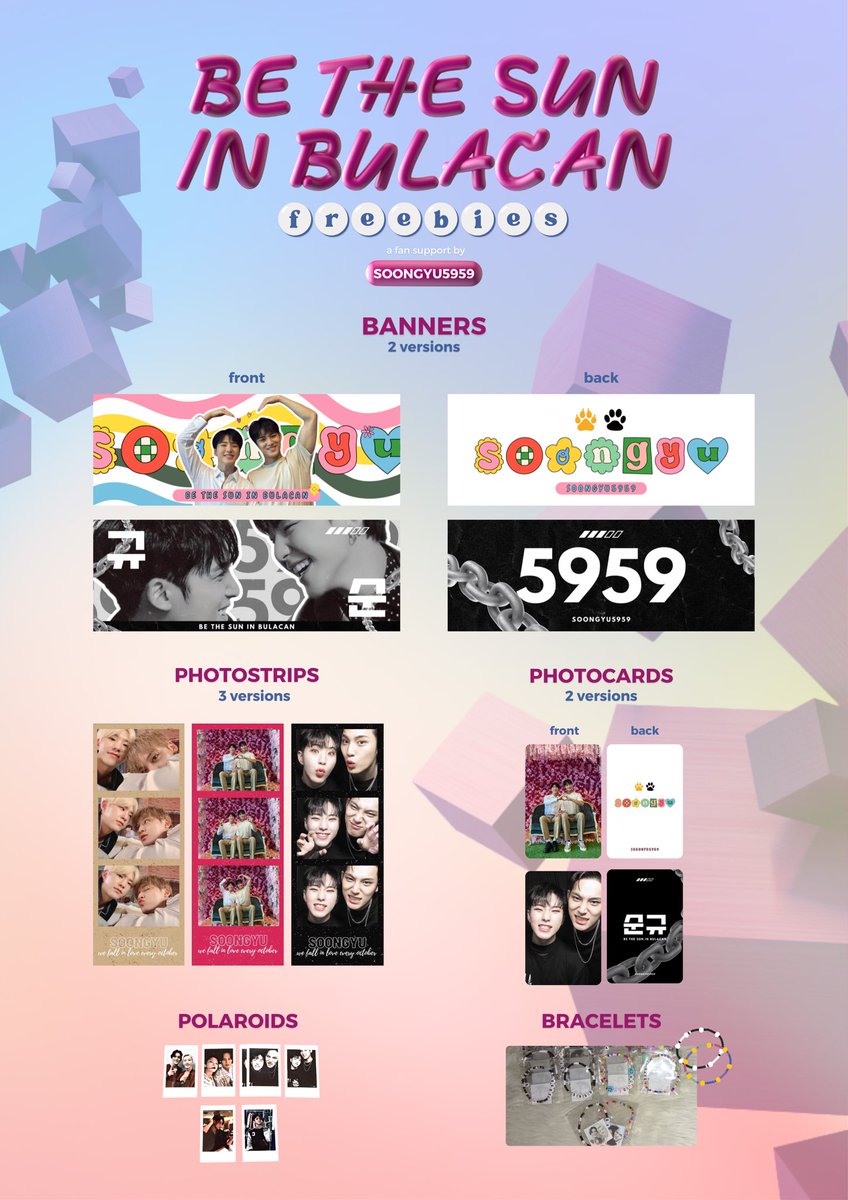 soongyu5959's tweet photo. #SOONGYU5959 presents #BETSinBulacan #BeTheSunBulacan  freebies! 🥳🤍

Time: 11 AM 
Loc: TBA 
Mechanics:
for pcs  — none. 
for banners/filmstrips/bracelets — RT &amp; Like (indicate which one will you get).
for polaroids (limited): a SOONGYU QUIZ is provided. correct answer = 1 pola. https://t.co/mgWN3MdSx2