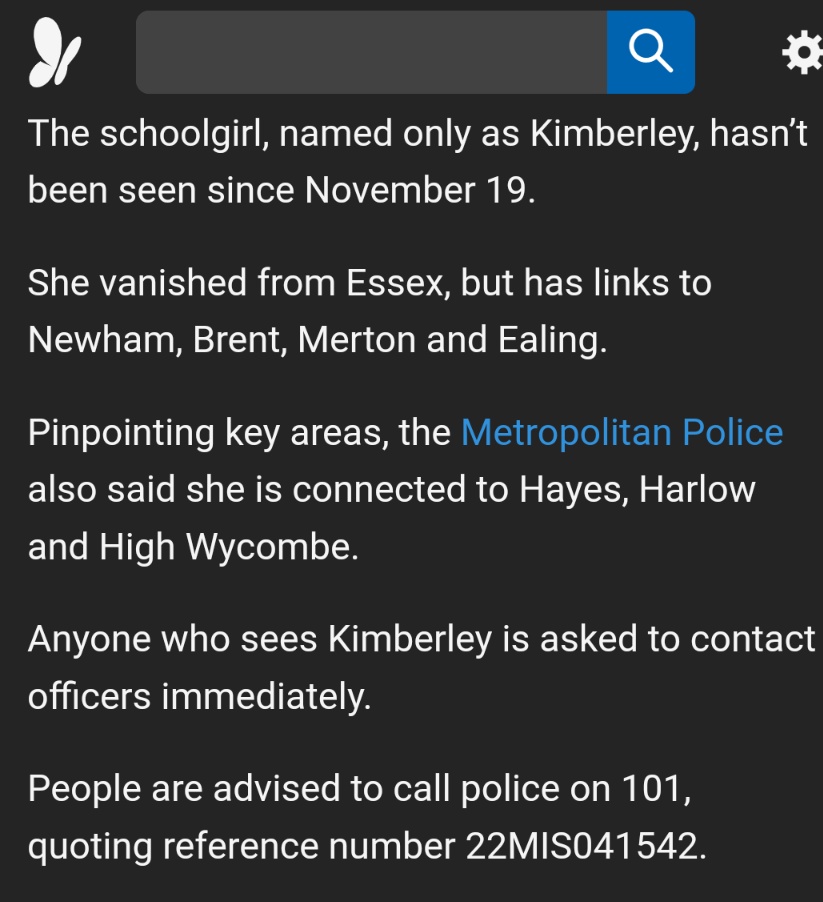 lostplanetearth's tweet photo. #Missing🆘 schoolgirl #Kimberley, #LastSeenAlive⚡ November 19.
She #vanished from #Essex, but has #links to #Newham, #Brent, #Merton and #Ealing #Hayes #Harlow and #HighWycombe.
#Call101, #ref 22MIS041542
#UK #uknews #ukmissing #MissingChild #England
https://t.co/rvaibebv1C https://t.co/5hxL6HjQKE