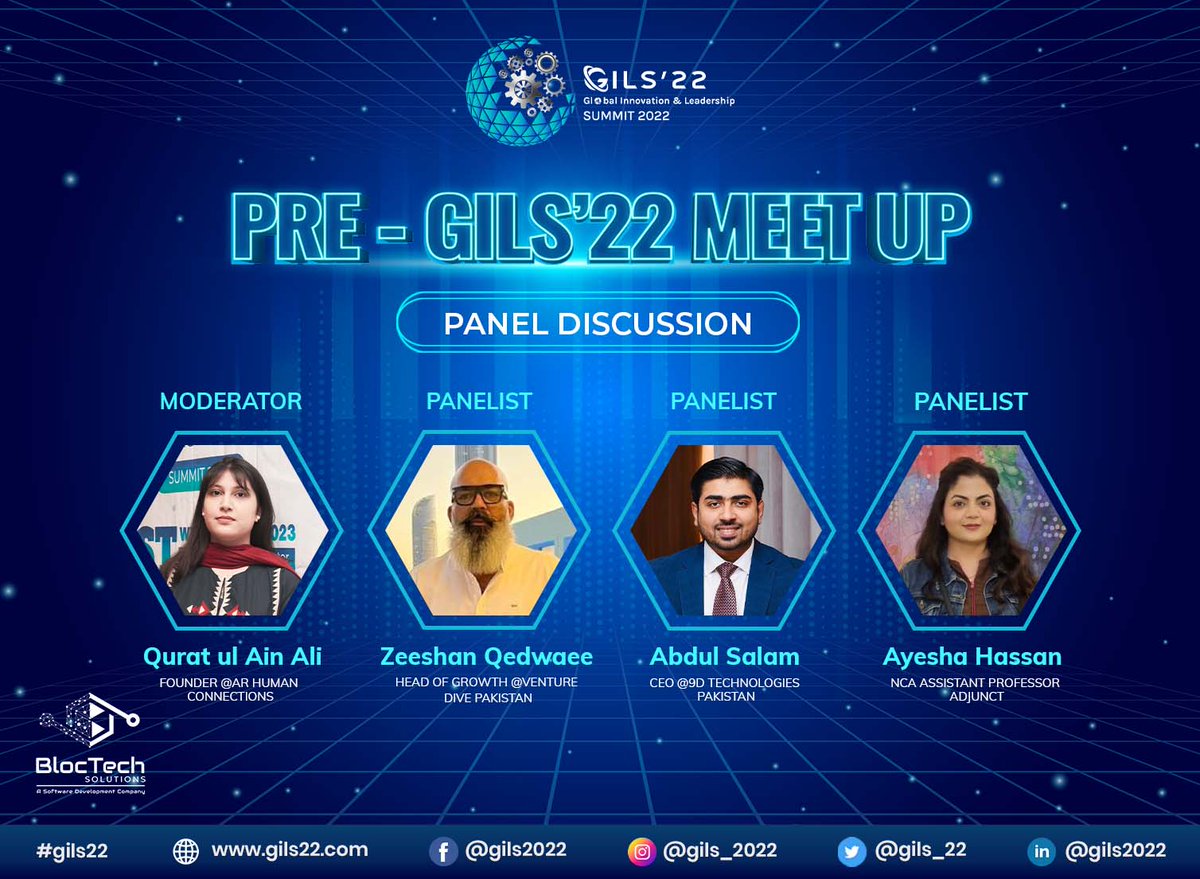 gils_22's tweet photo. @gils_22 is glad to have panelists sharing the stage to fill minds with extensive knowledge. The panelists would debate the growth, diversity, inclusion, startup ecosystem, &amp; foundation to bridge the technology gap in Pakistan. 
#gils22 #letsconnect #Web3 #networking #Blockchain https://t.co/puCBfZia9q