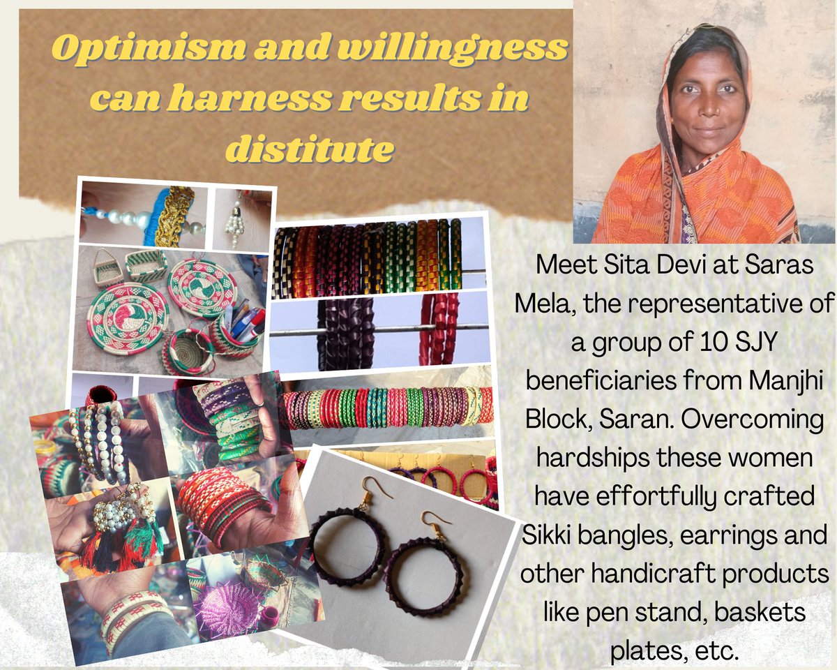 SJY_JEEViKA_'s tweet photo. This #SaraMela snap up handcrafted products by beneficiaries of #SatatJeevikoparjanYojana who have travelled a long way to lead a dignified life. Your encouragement and support is crucial to boost her motivation. @brlps_jeevika @rahulias6 @BiharRDD @DAY_NRLM @BandhanKonnagar https://t.co/0SKU36BE3p
