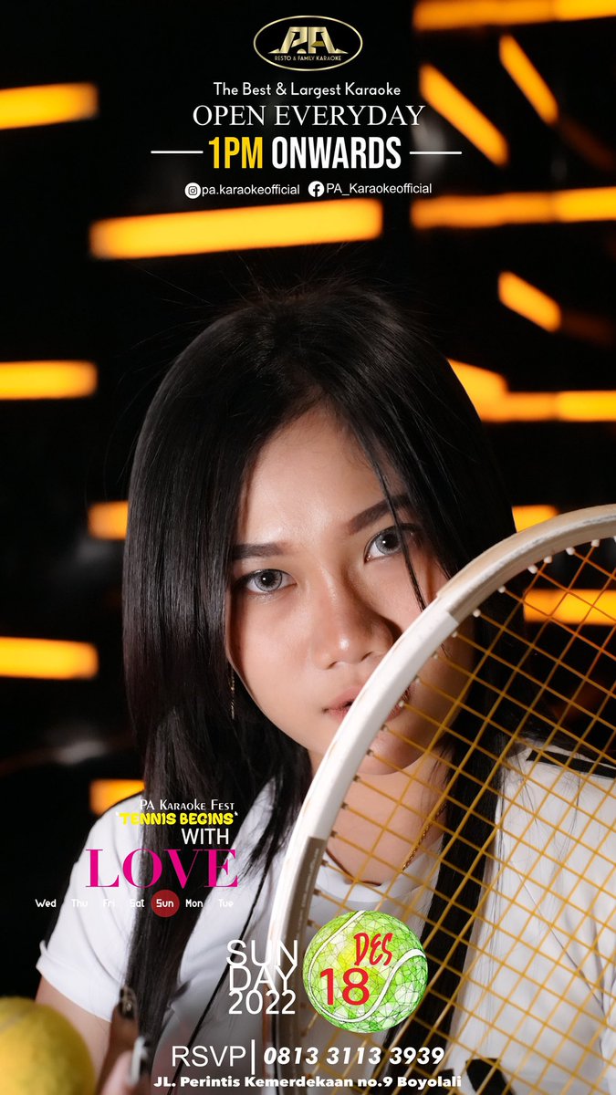 "Tennis Begins With LOVE"
PA Resto &amp; Family Karaoke
S U N D A Y | 18 DES 2022

Save the date ya PA loverss!! 🥰
Book Your Room Now 
Kita mulai beraktifitas mulai jam 1 siang yaa