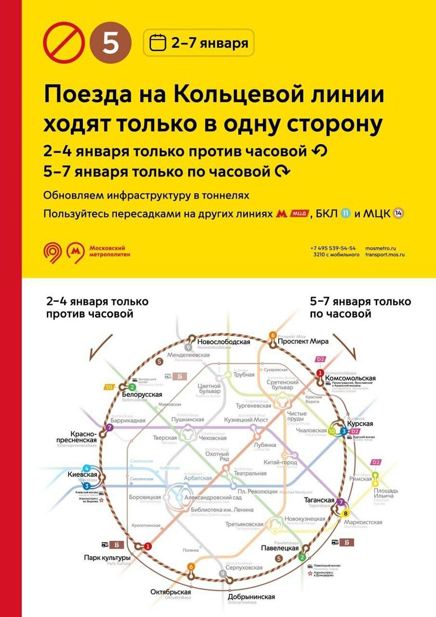 ❗В московском метро в новогодние праздники изменится движение поездов на Кольцевой линии. Составы будут поочередно ходить только в одну сторону:

• 2-4 января только против часовой стрелки

• 5-7 января только по часовой

Это связано с работами по обновлению инфраструктуры