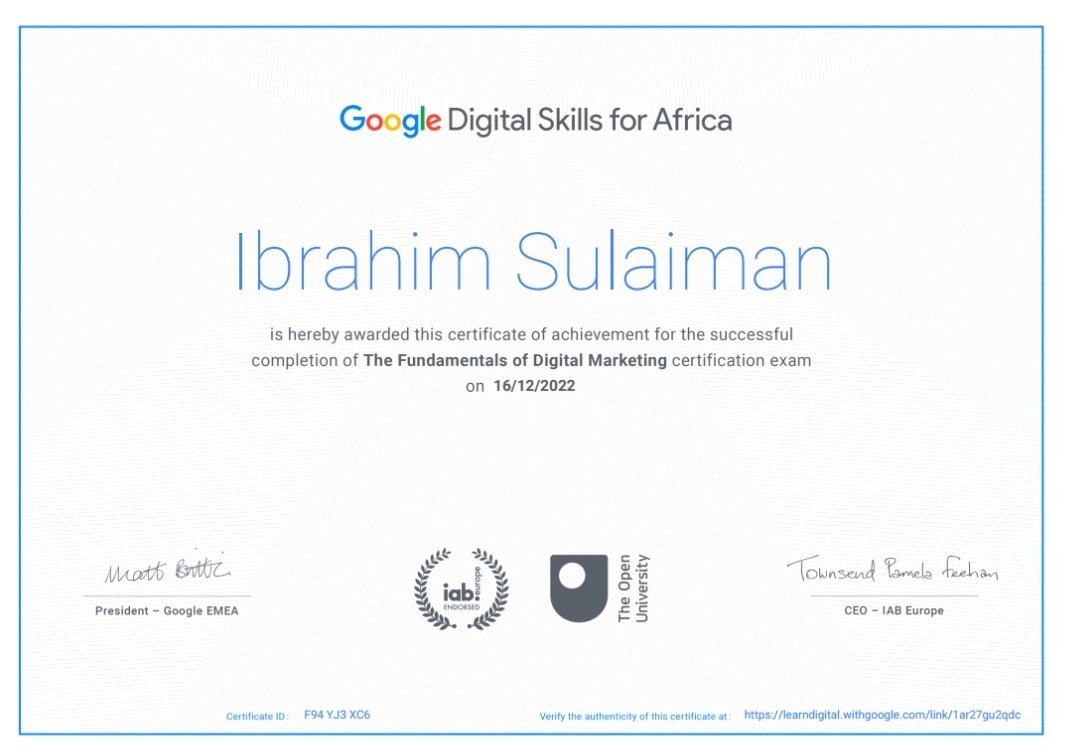 IYareemancy's tweet photo. Alhamdullah

Another achievement Recorded , A Certificate from Google Digital for Africa. Fundamental of Digital Marketing Added to my CV.

Thanks you All
#nitdadeep  #1milliondevelopers @nitdanigeria @steamledge @NITDANigeria https://t.co/oJ6OqRyBSm