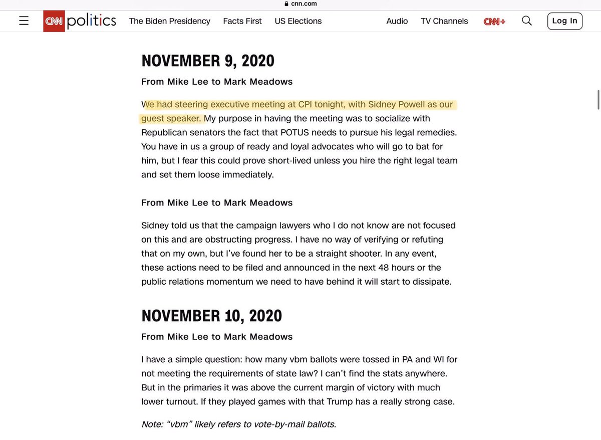 j2dumfounded's tweet photo. @BruceKB @BSBonner @MotherJones That Meadows went to work for the Conservative Partnership Institute immediately upon leaving the White House tells you everything. CPI sat down with Sydney Powell on November 9 to discuss “legal remedies”.
#TheMeadowsTexts
This CNN screenshot courtesy of @DempseyTwo https://t.co/5tfyCRKXxo