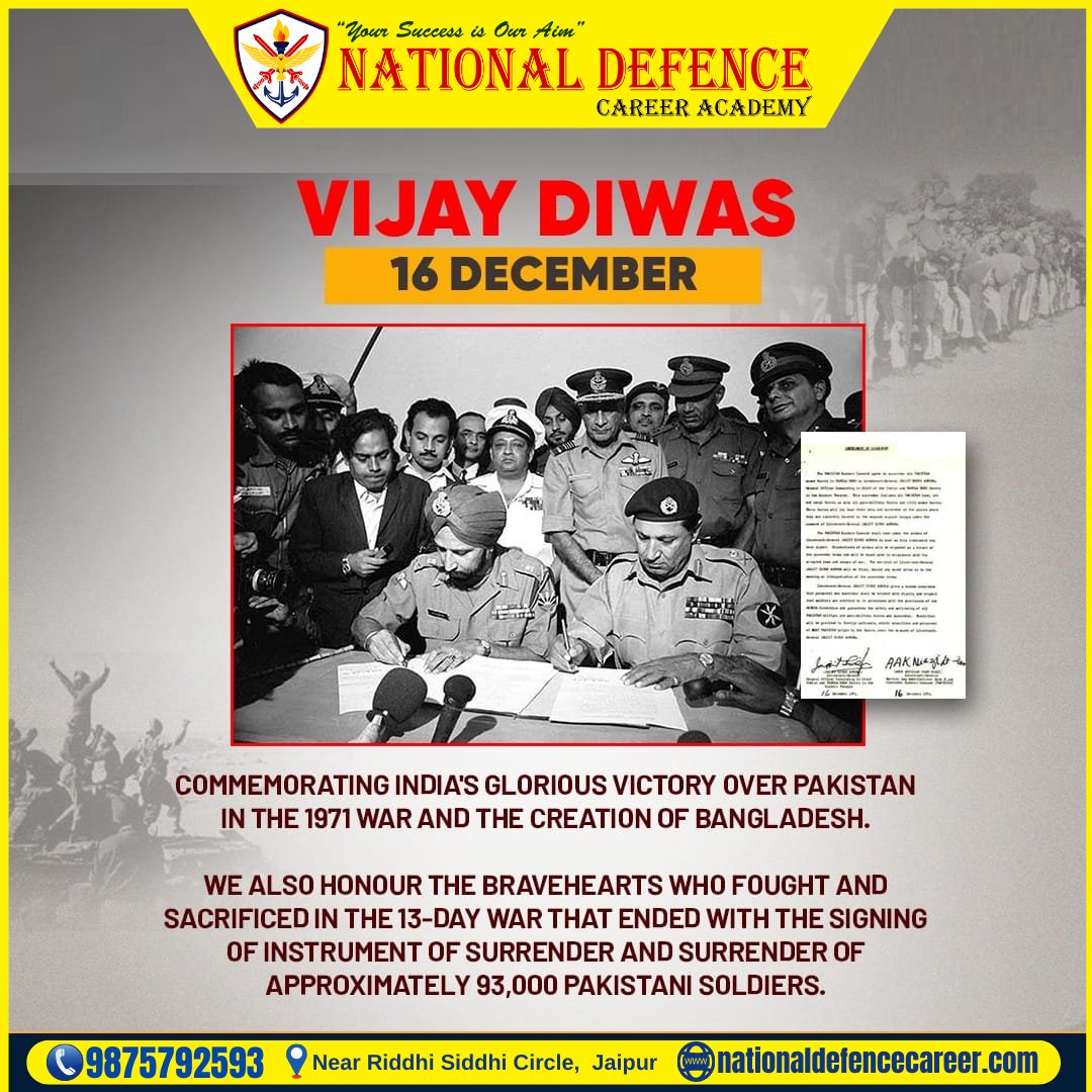 DefenceJaipur's tweet photo. #VijayDiwas2022 Commemorating India's glorious victory over Pakistan and the creation of Bangladesh #OnThisDay 16 December 1971.
We salute all the Bravehearts who fought &amp; sacrificed #ServingOurNation 🇮🇳
#VijayDiwas 
Prepare for NDA CDS AIRFORCE NAVY MNS
https://t.co/YQQHUYi9lP https://t.co/vnYVrzJqAB