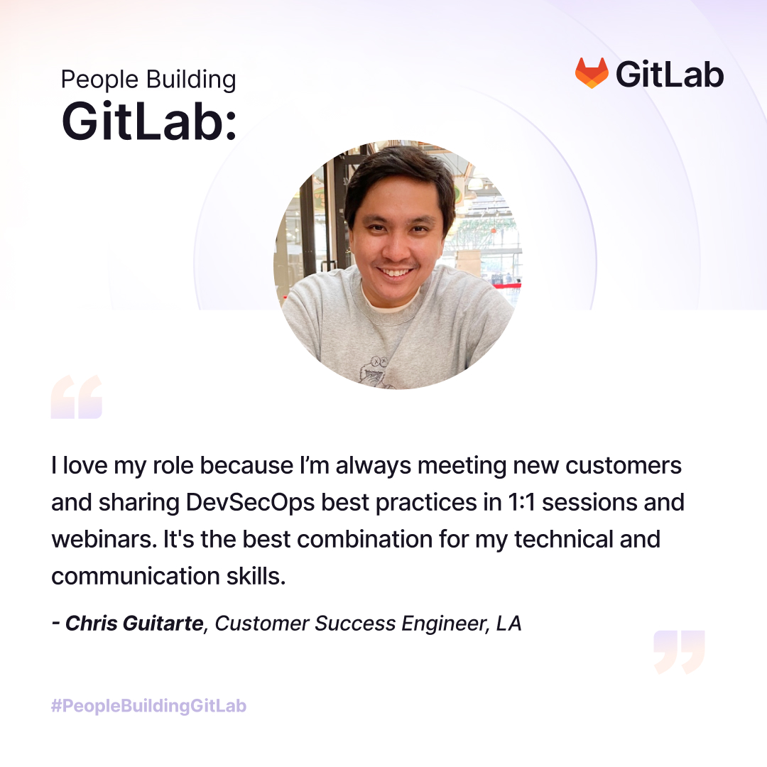 gitlab's tweet photo. Ever wondered what it's like to work at one of the largest #allremote companies? Learn about GitLab through team members like customer success engineer Chris Guitarte. 

🦊 And check out our open roles. https://t.co/4gzIAB1xVs 
#PeopleBuildingGitLab https://t.co/kpwgDZtOEB