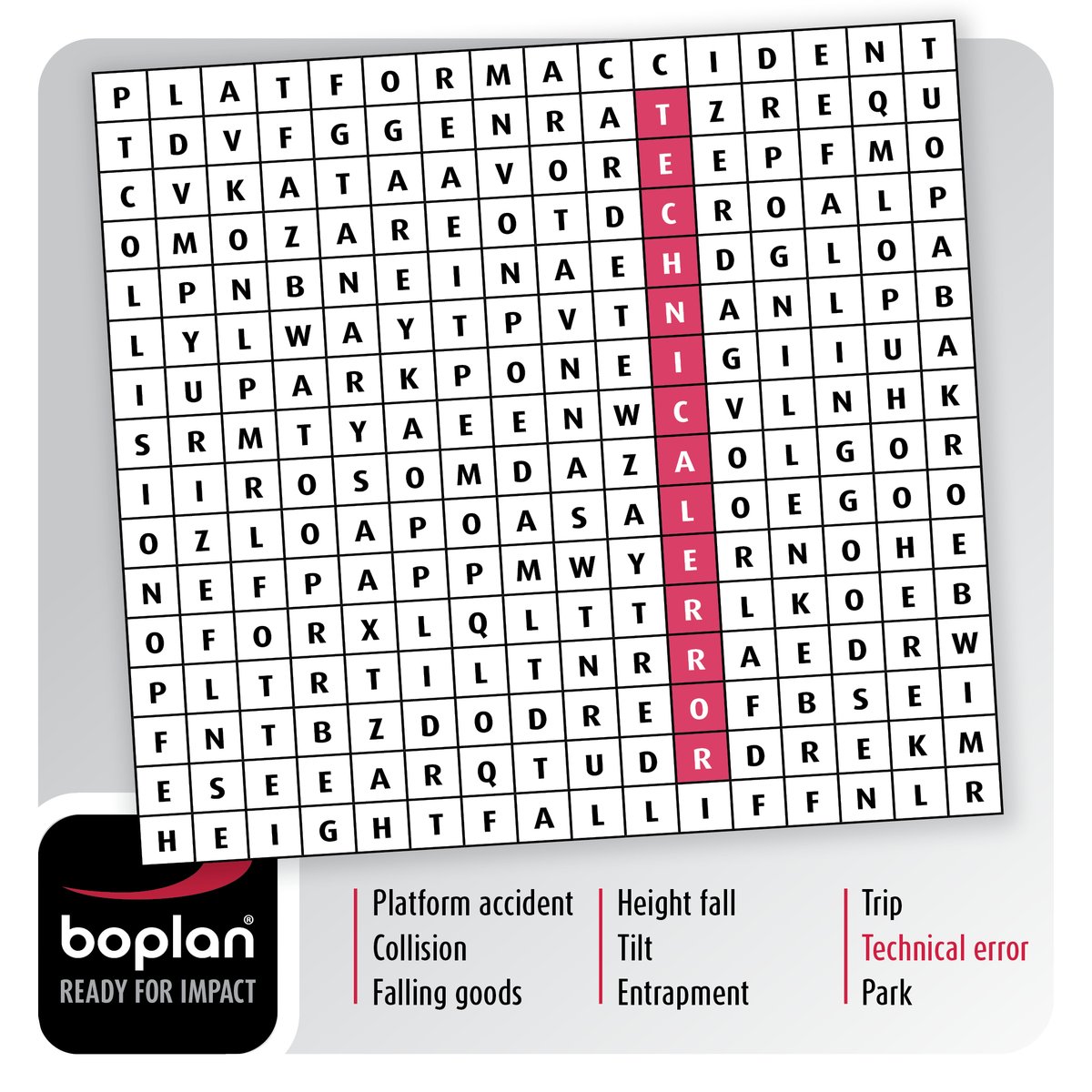 🎲 It's Game time!  

Can you find the 9 most common forklift accidents? 
More information 👉 bit.ly/3j3SzKn

#Boplan #ReadyForImpact #FlexImpact #SafetyOnTheWorkFloor #SafetyFirst 
 #Safety #Game #WordSearch