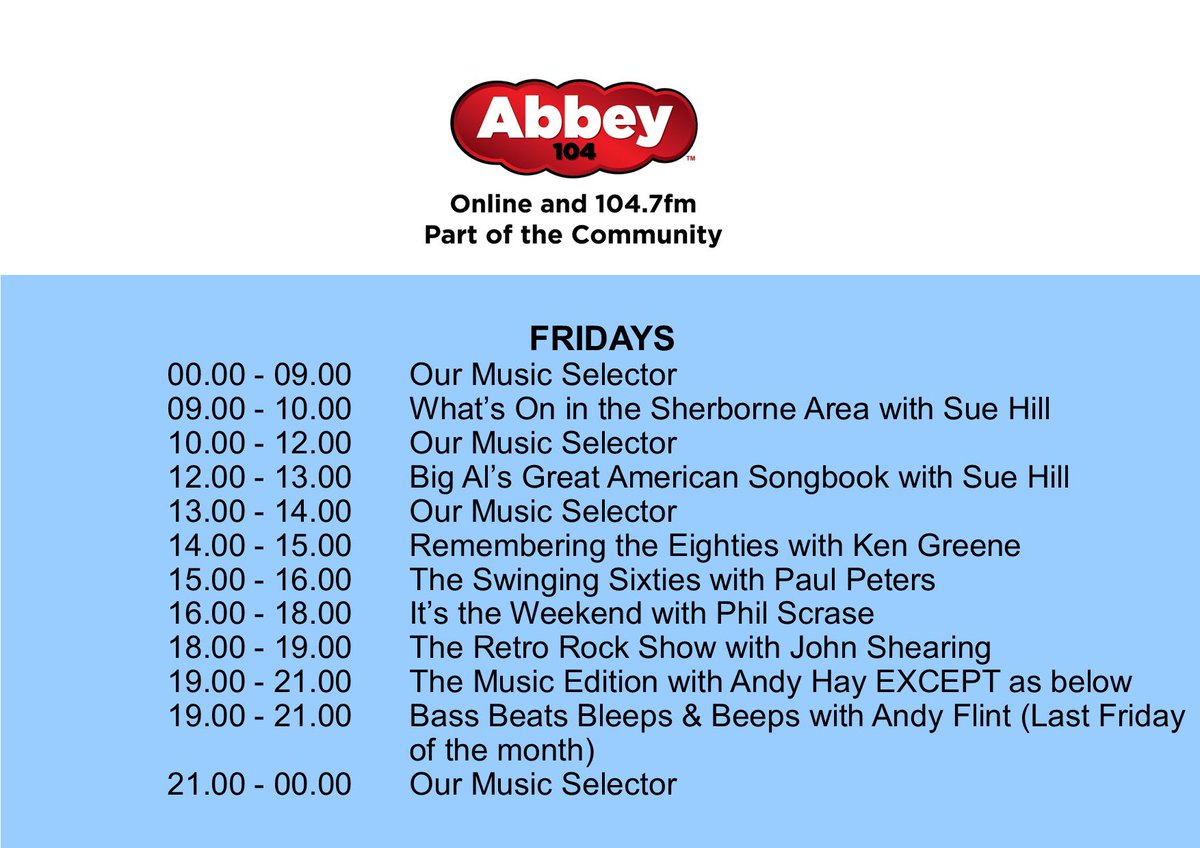 It’s a really cold &amp; frosty Friday, so why not tune into your favourite community radio station Abbey104 today &amp; warm yourselves up.
We have such a varied choice of Shows to choose from.
Join our team of volunteer presenters, they would love to have your company.
Stay warm.