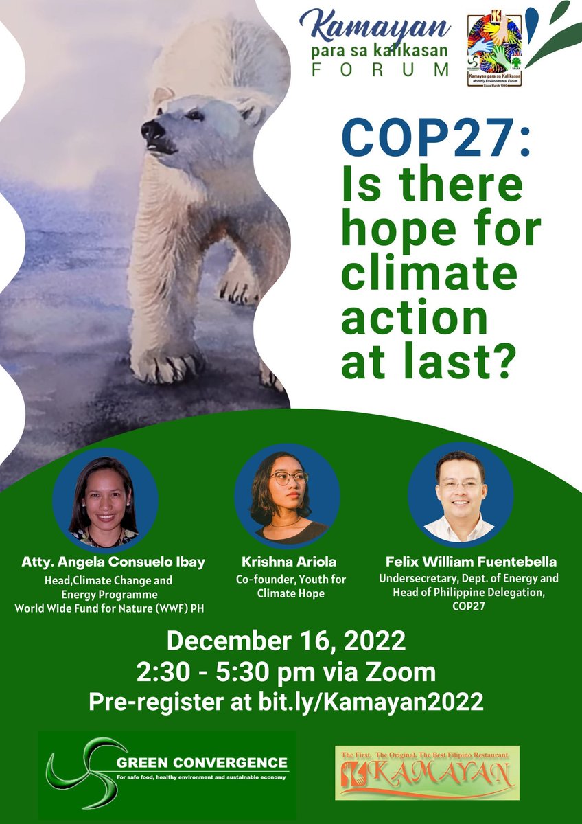 Join us for this month's KAMAYAN SA KALIKASAN FORUM with the topic, “ COP 27: Is there hope for climate action at last?”

Watch live now! facebook.com/greenconvergen…

#KalikasanMuna #KamayanForum #GreenConvergence