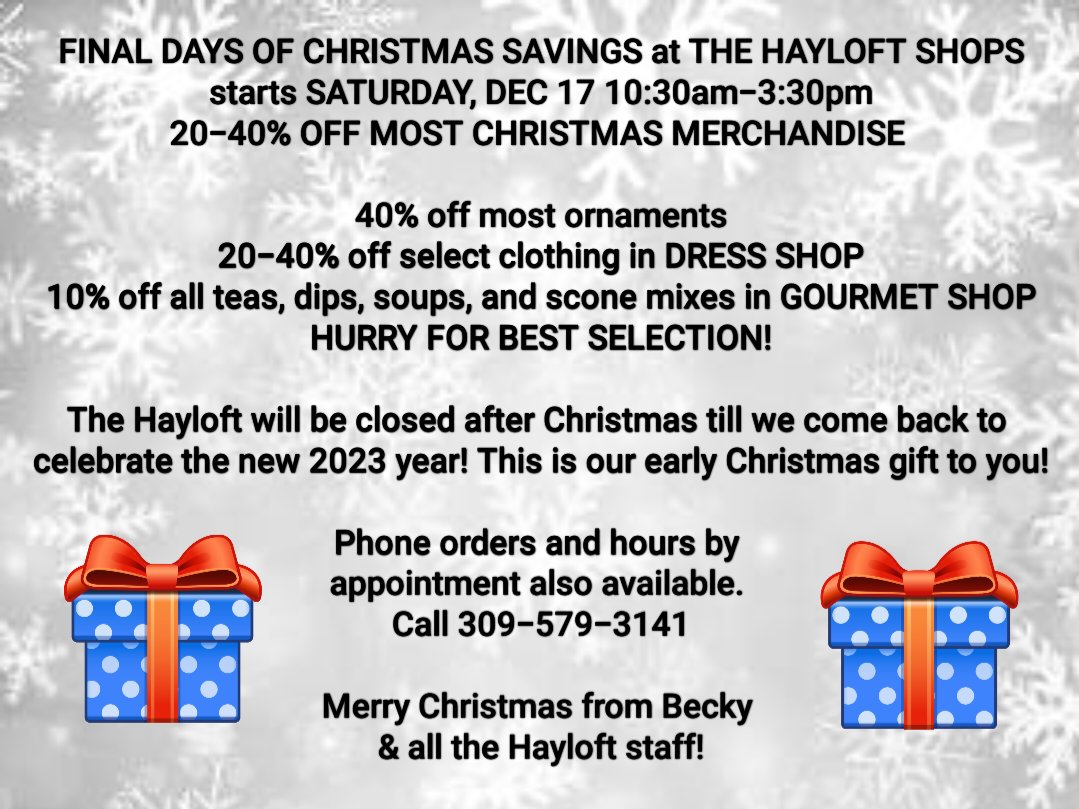 hayloft_shops's tweet photo. The Hayloft Shops' Final Days to Save CHRISTMAS SALE - https://t.co/Of1A6Xg5U6 https://t.co/ZbnAZeEVHp